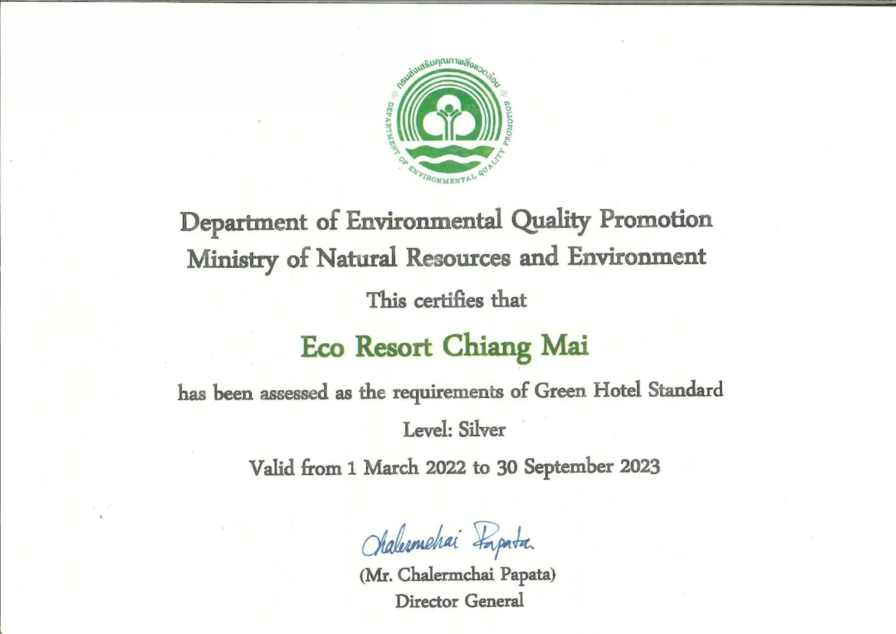 Certificate/Award in Eco Resort Chiang Mai