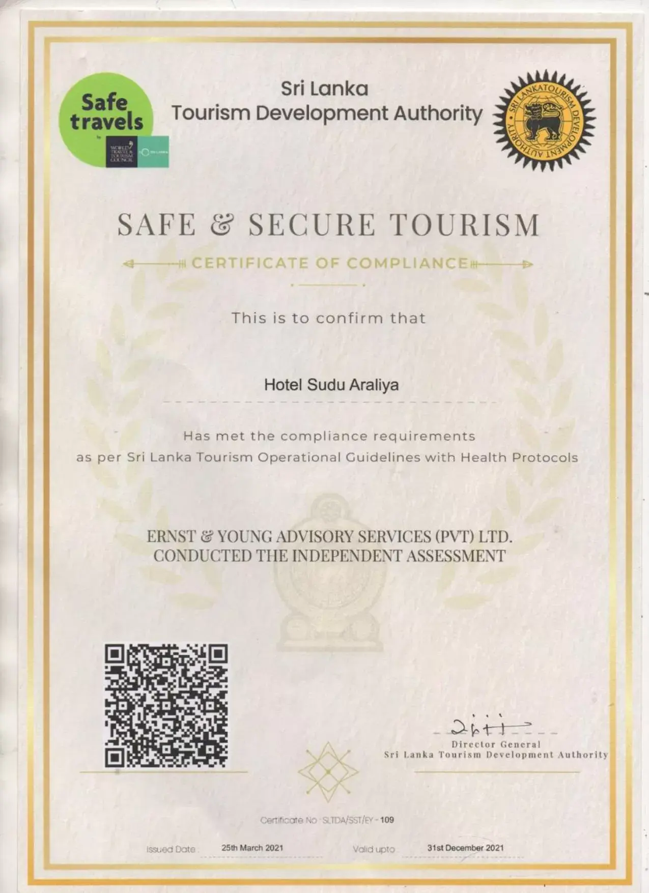 Certificate/Award in Hotel Sudu Araliya