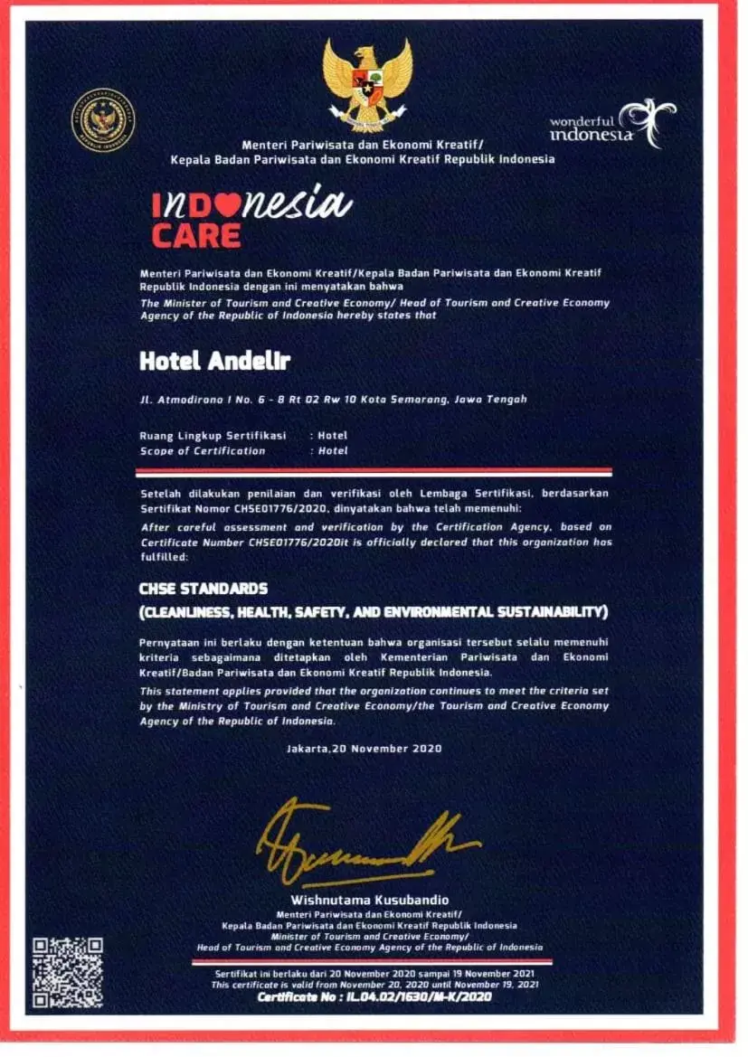 Certificate/Award in Andelir Hotel Simpang Lima Semarang