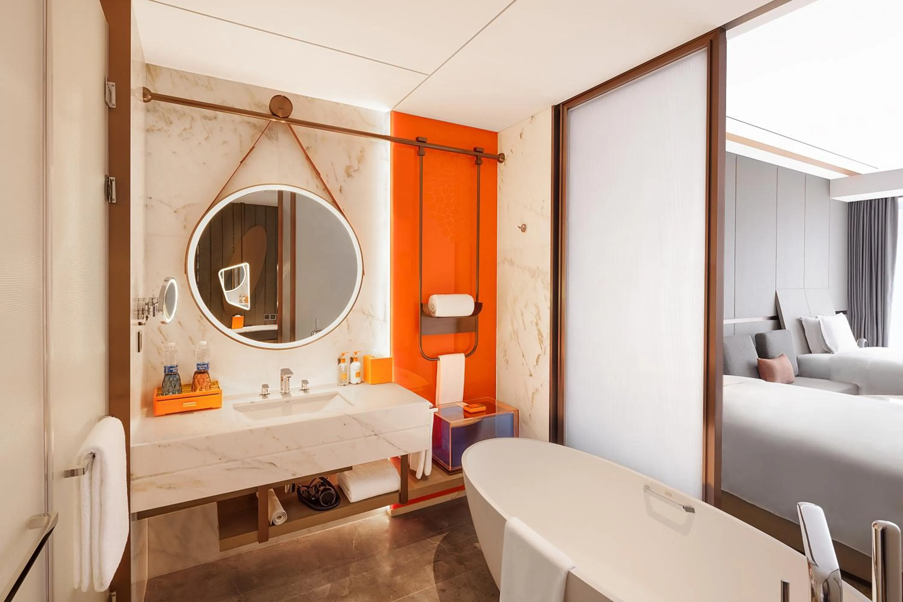 Bathroom, Bed in Crowne Plaza Qingdao Jinshui by IHG