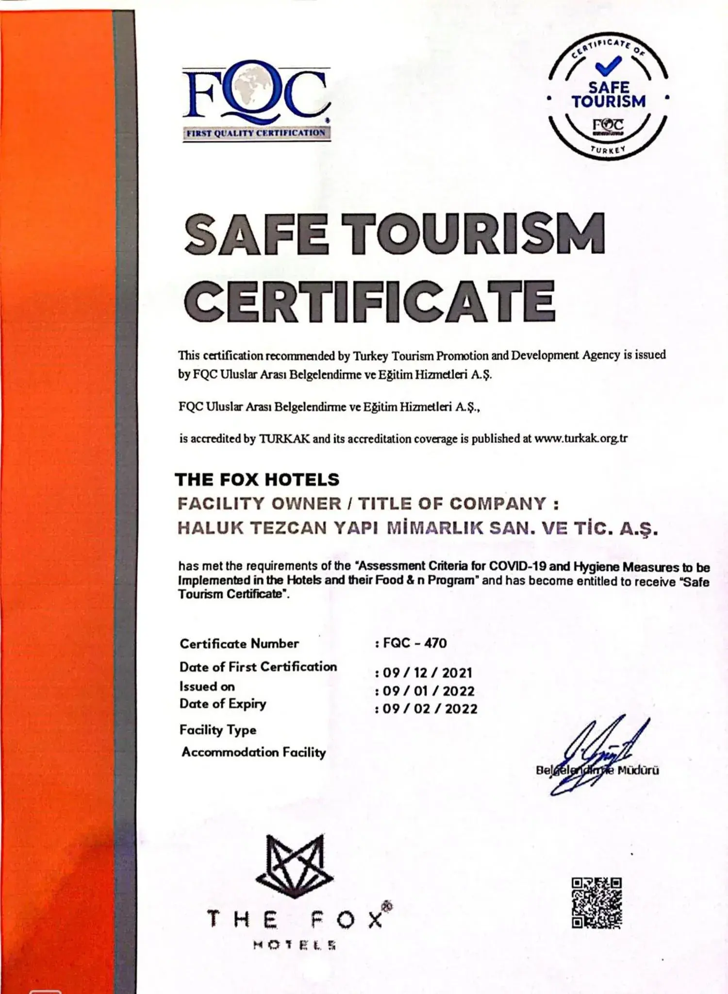Certificate/Award in The Fox Hotel