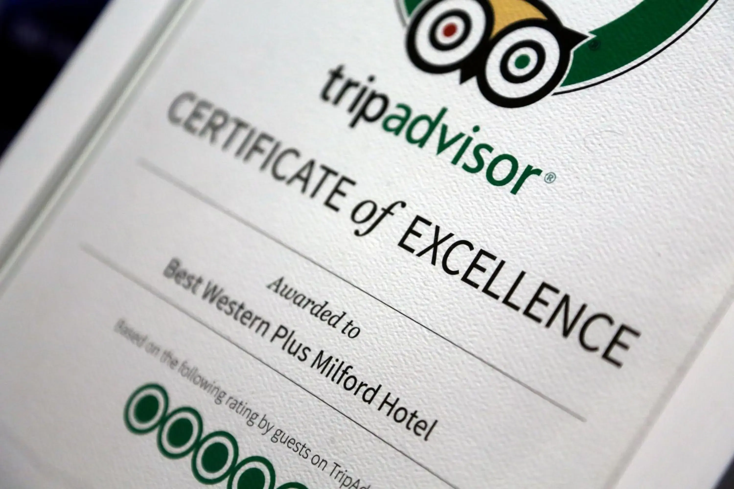 Certificate/Award in Best Western Plus Milford Hotel