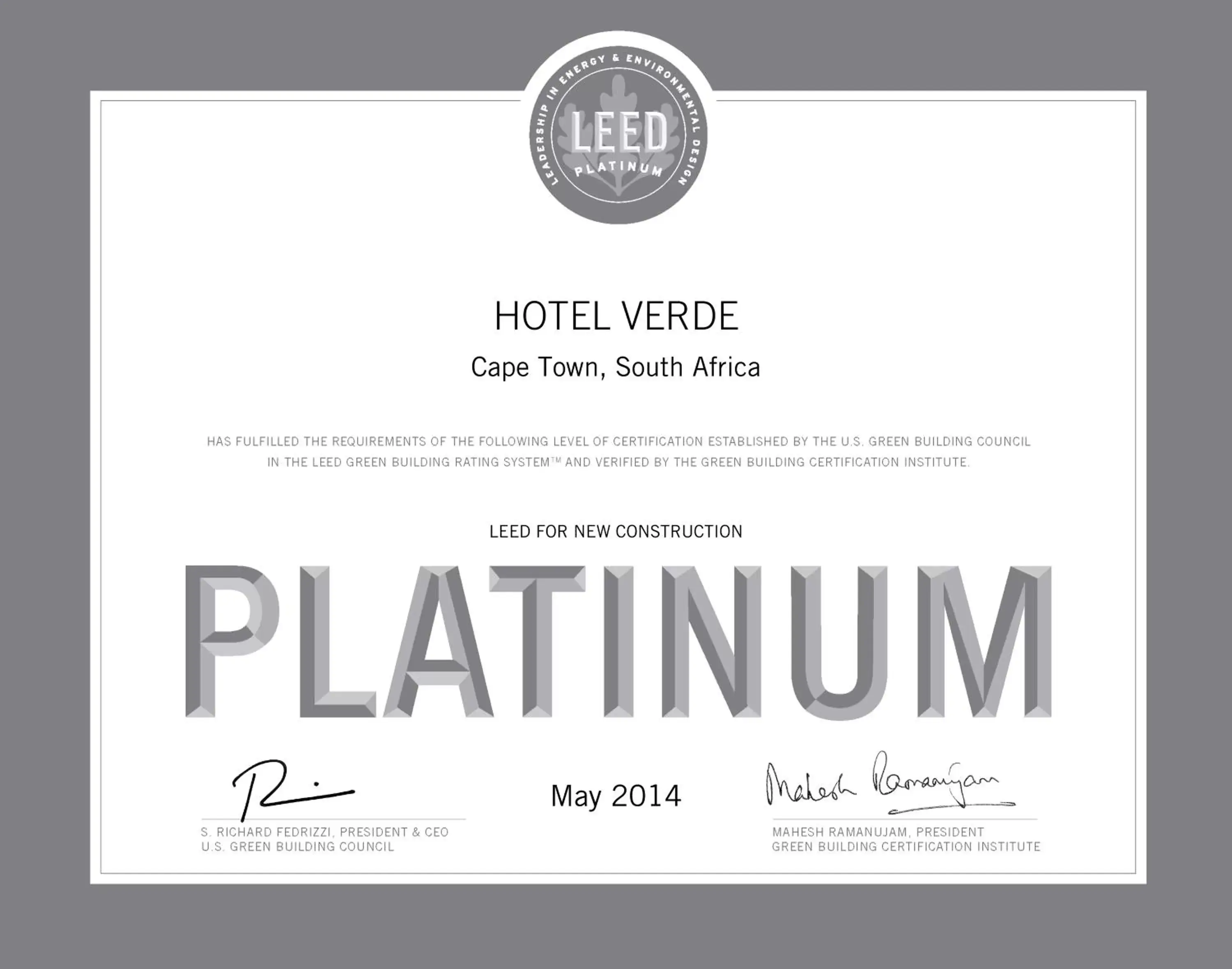 Certificate/Award in Hotel Verde Cape Town Airport