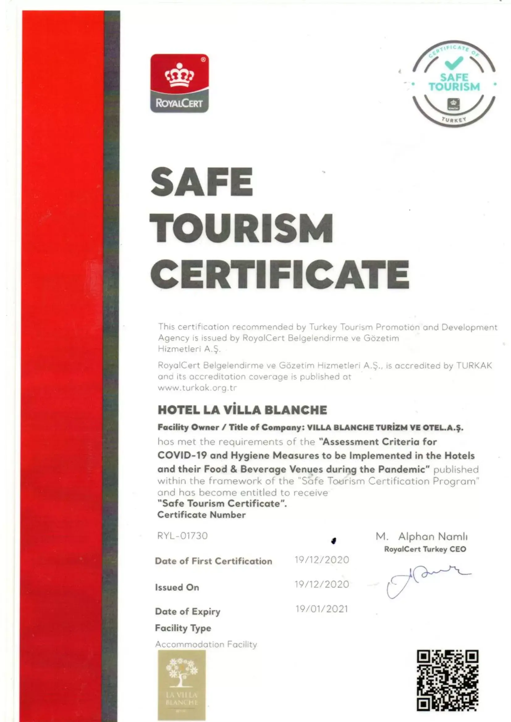 Certificate/Award in Villa Blanche Hotel & Garden Pool