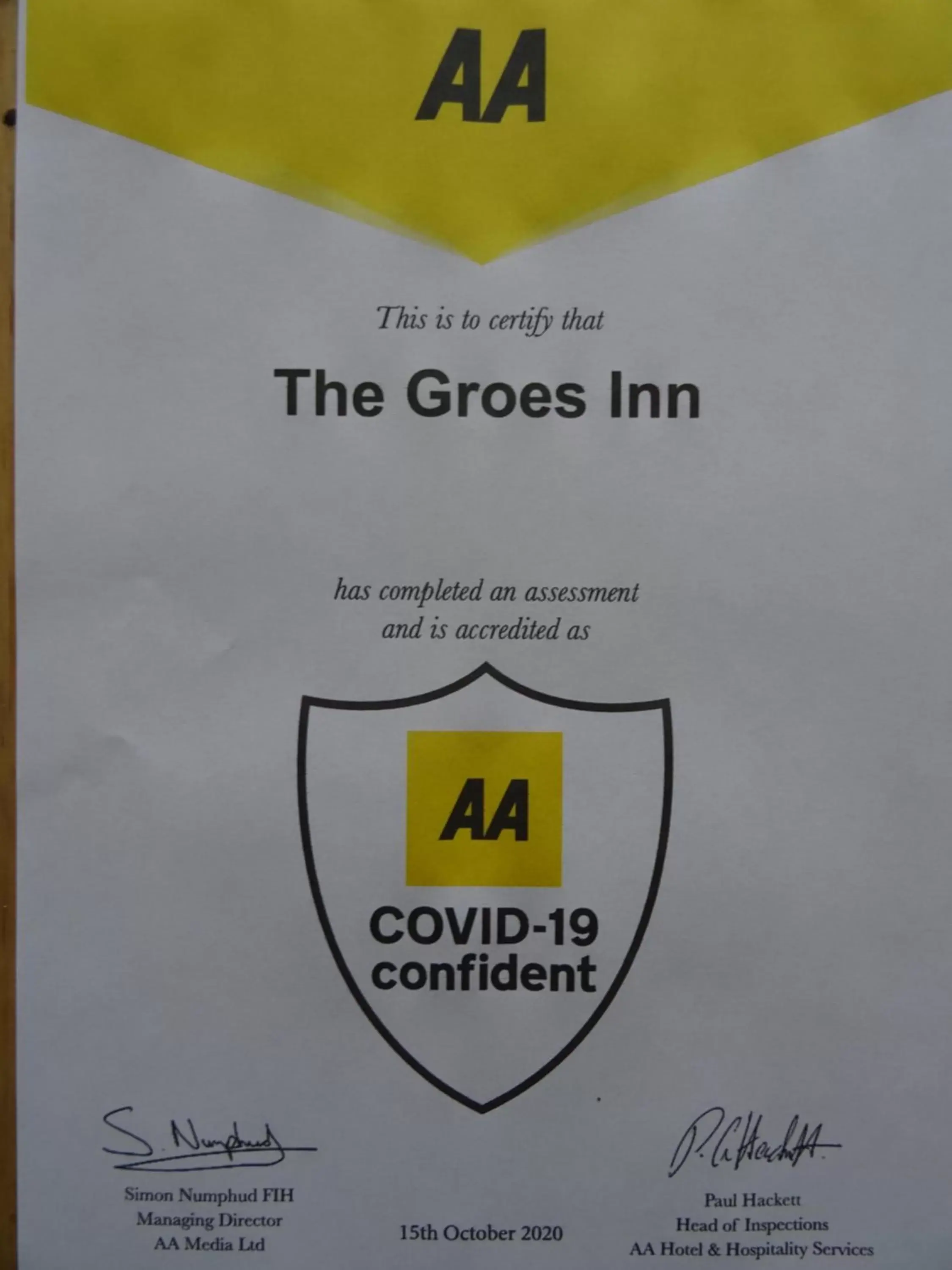 Certificate/Award in The Groes Inn