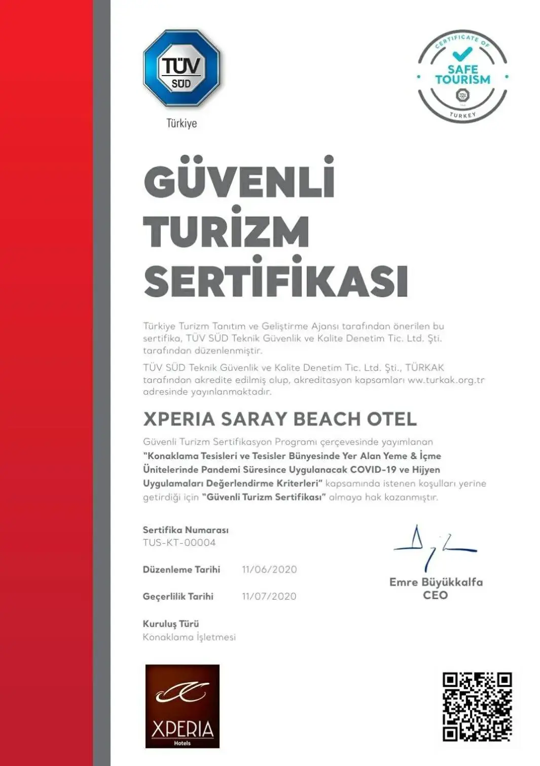 Certificate/Award in Xperia Saray Beach Hotel