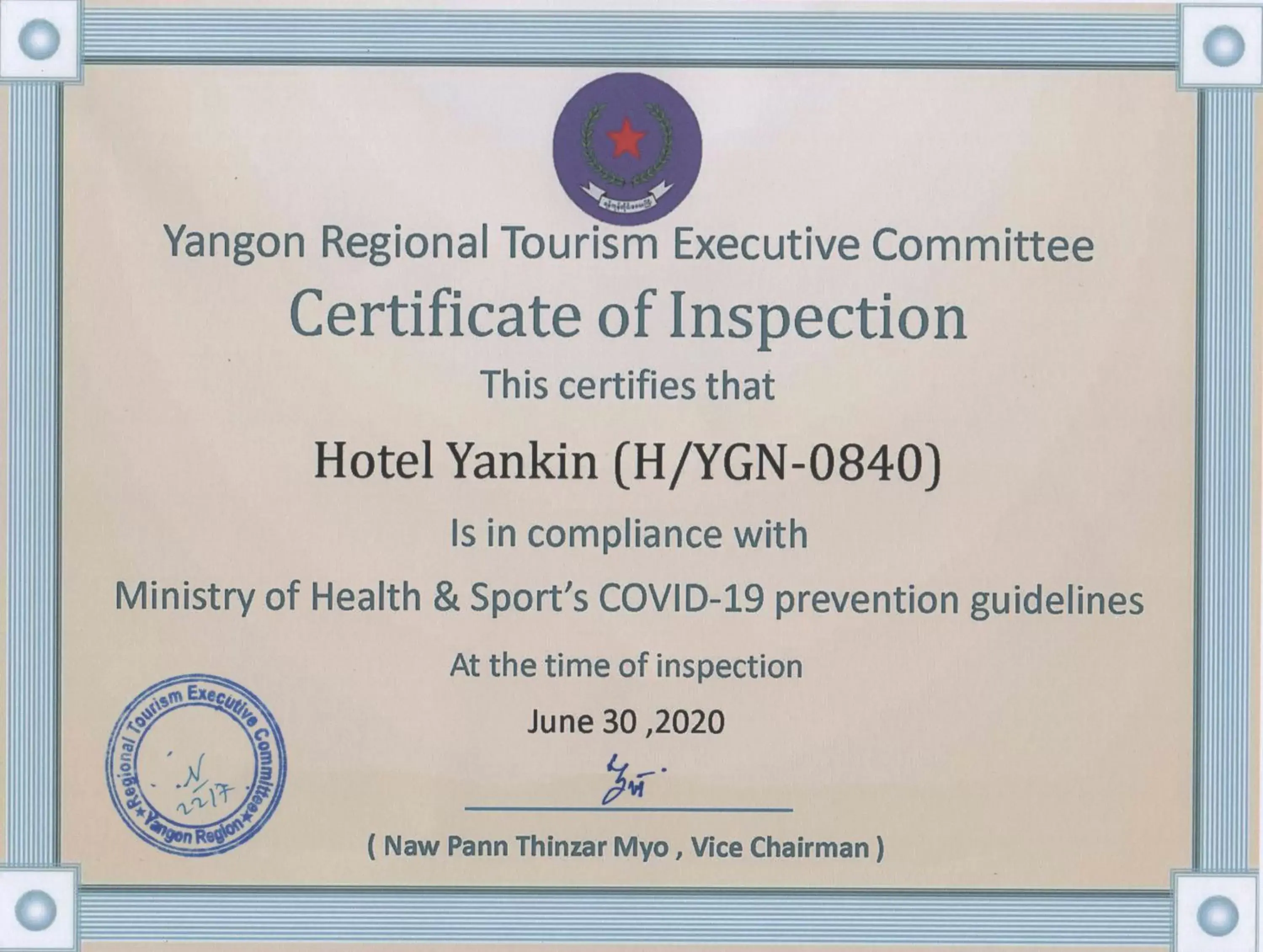 Certificate/Award in Hotel Yankin