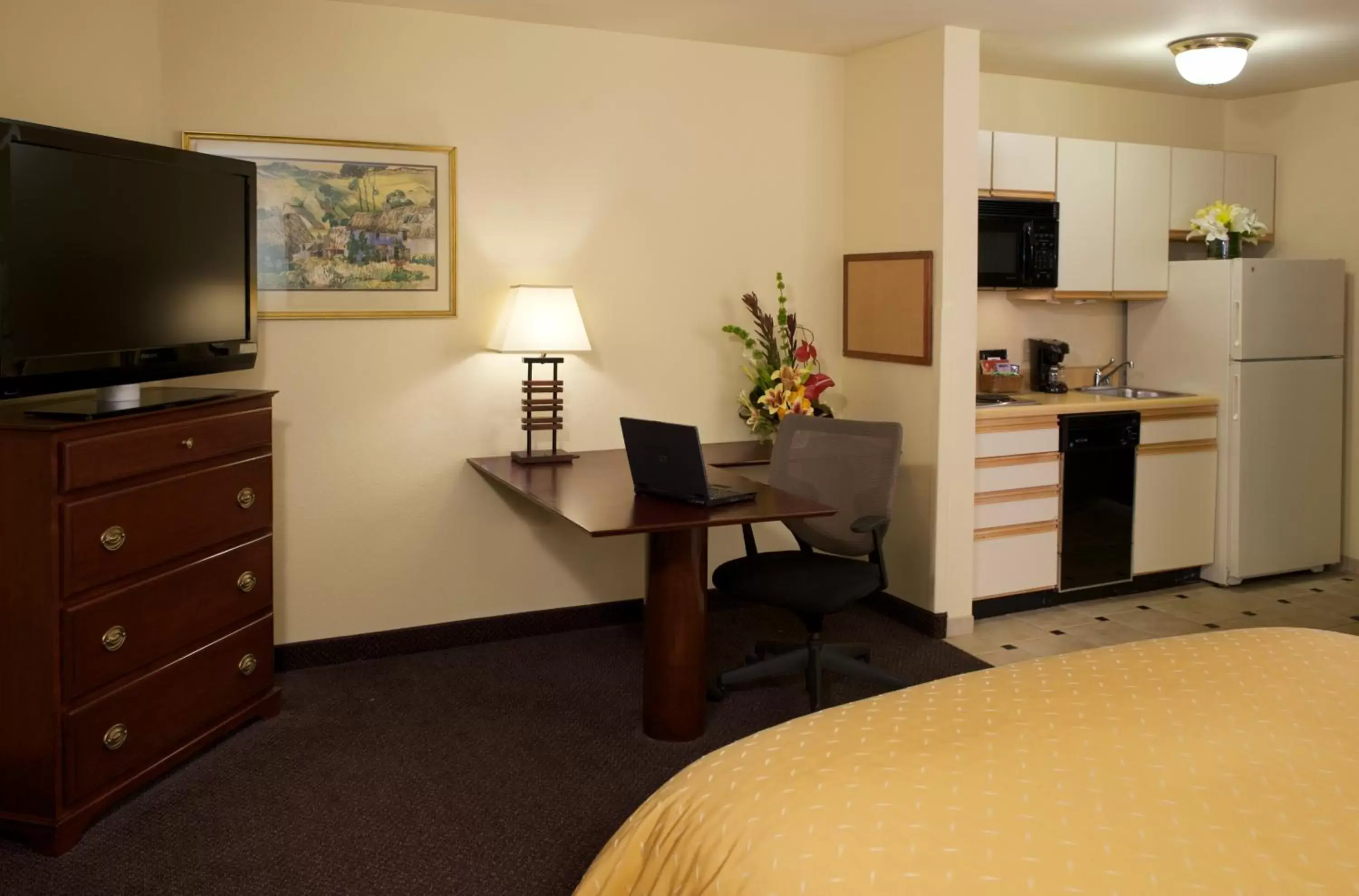 Kitchen or kitchenette, TV/Entertainment Center in Larkspur Landing Renton-An All-Suite Hotel