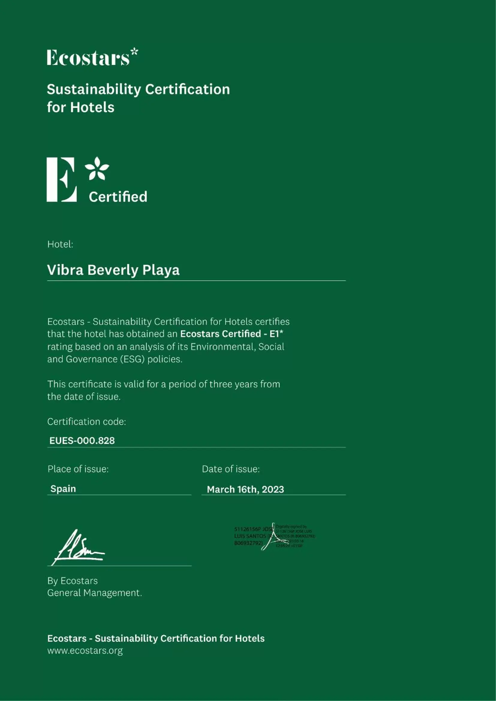 Certificate/Award in Hotel Vibra Beverly Playa