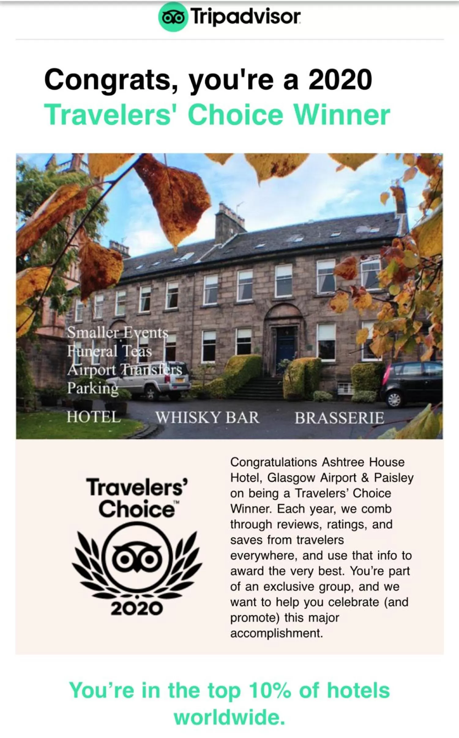 Certificate/Award in Ashtree House Hotel, Glasgow Airport & Paisley