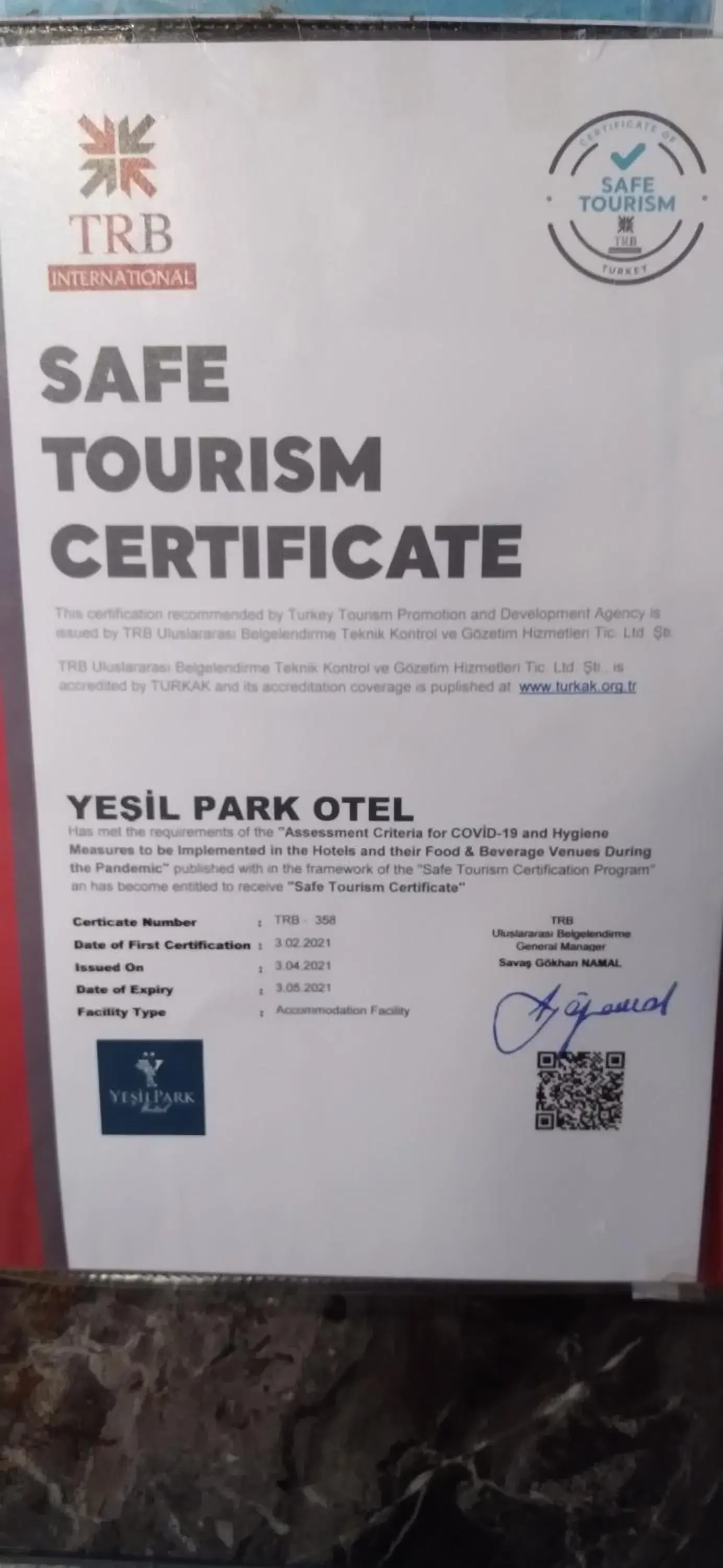 Certificate/Award in Hotel Yesilpark