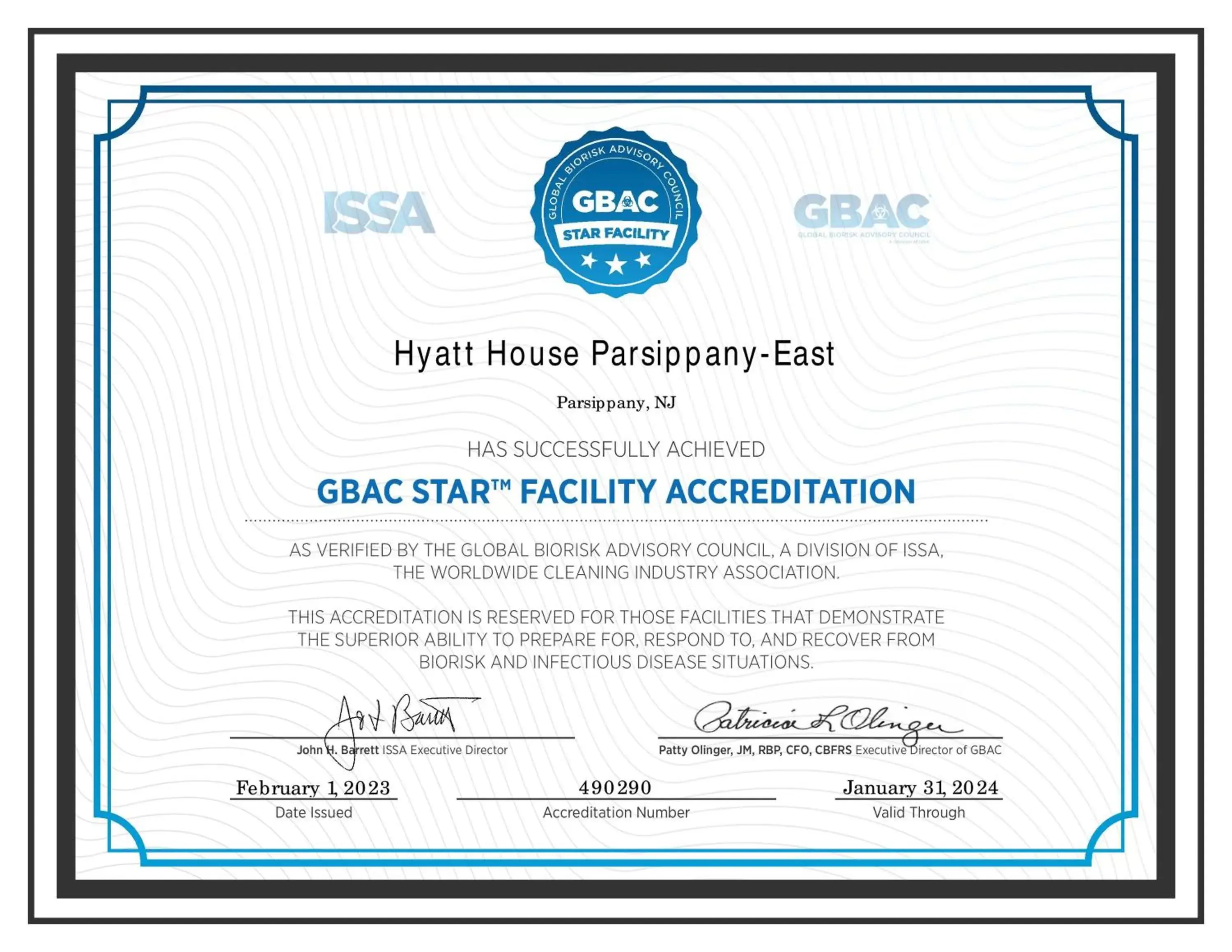 Certificate/Award in Hyatt House Parsippany East