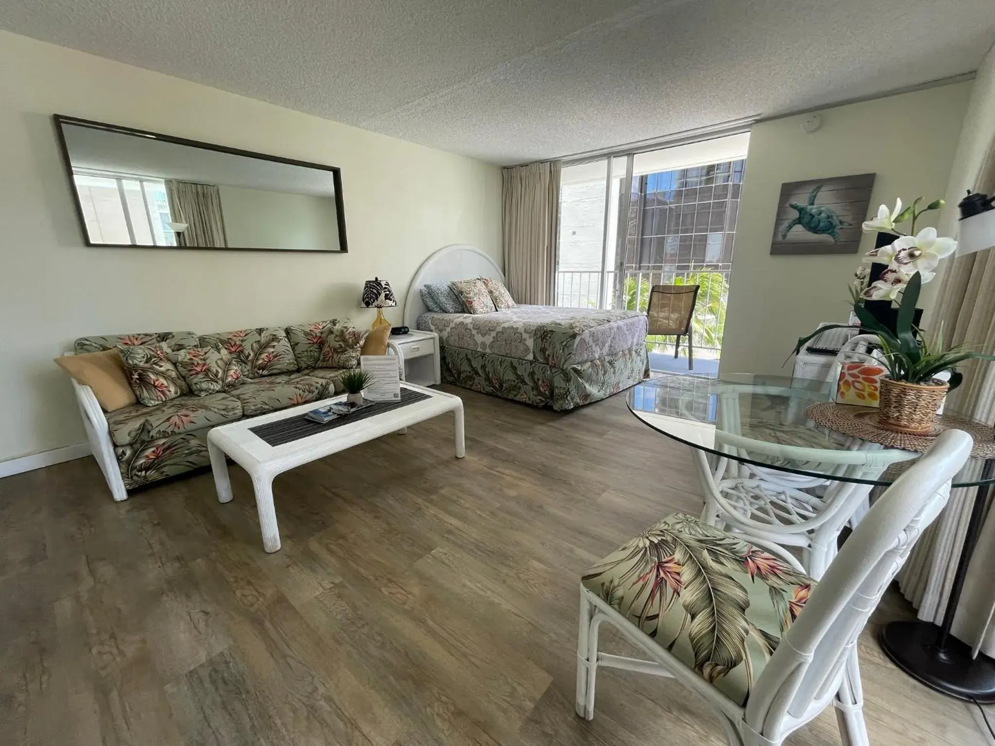 Seating Area in Tropical Studios at Marine Surf Waikiki - FREE PARKING - BEST LOCATION - FULL KITCHEN - SWIMMING POOL