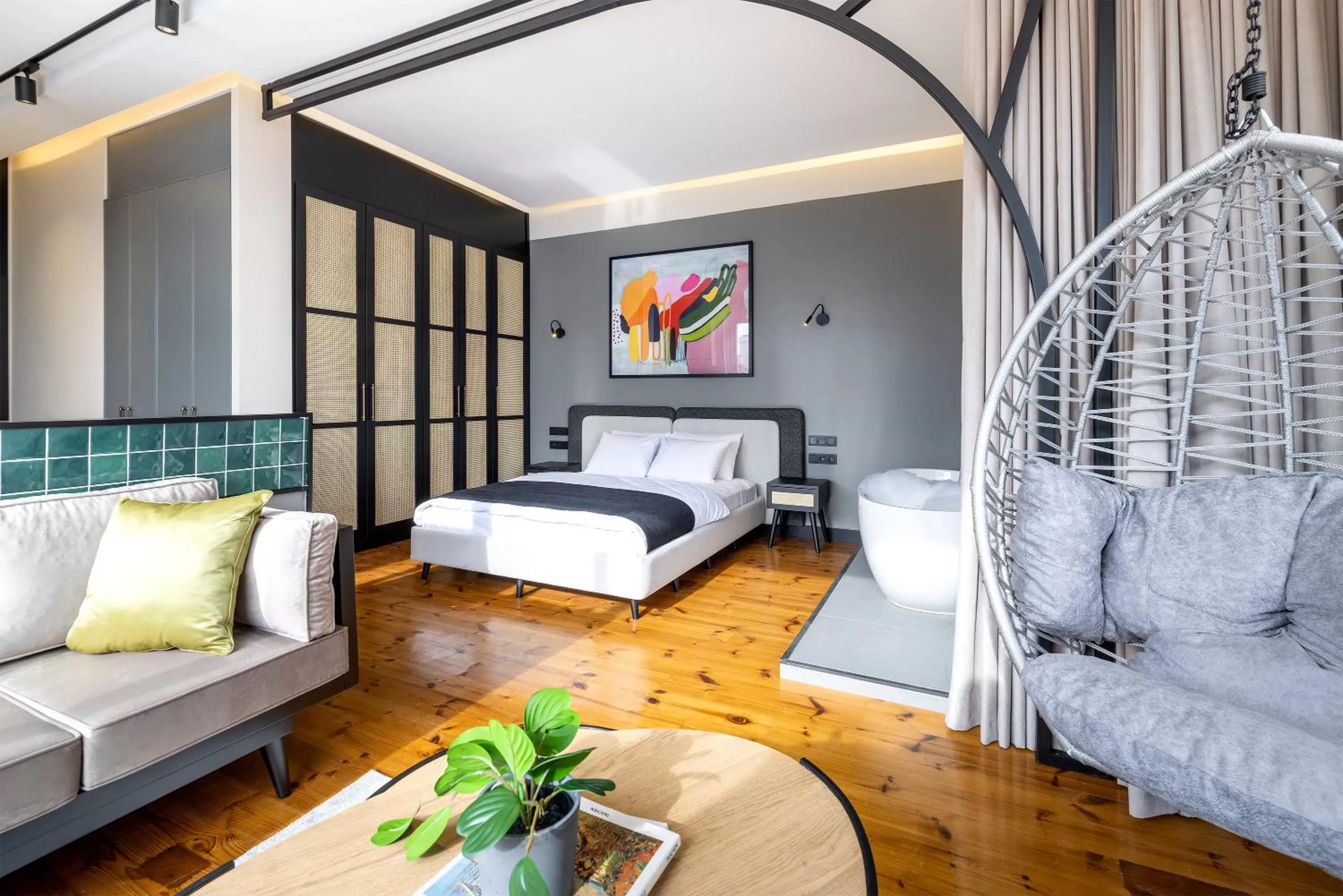 Living room, Bed in Upside Apartments