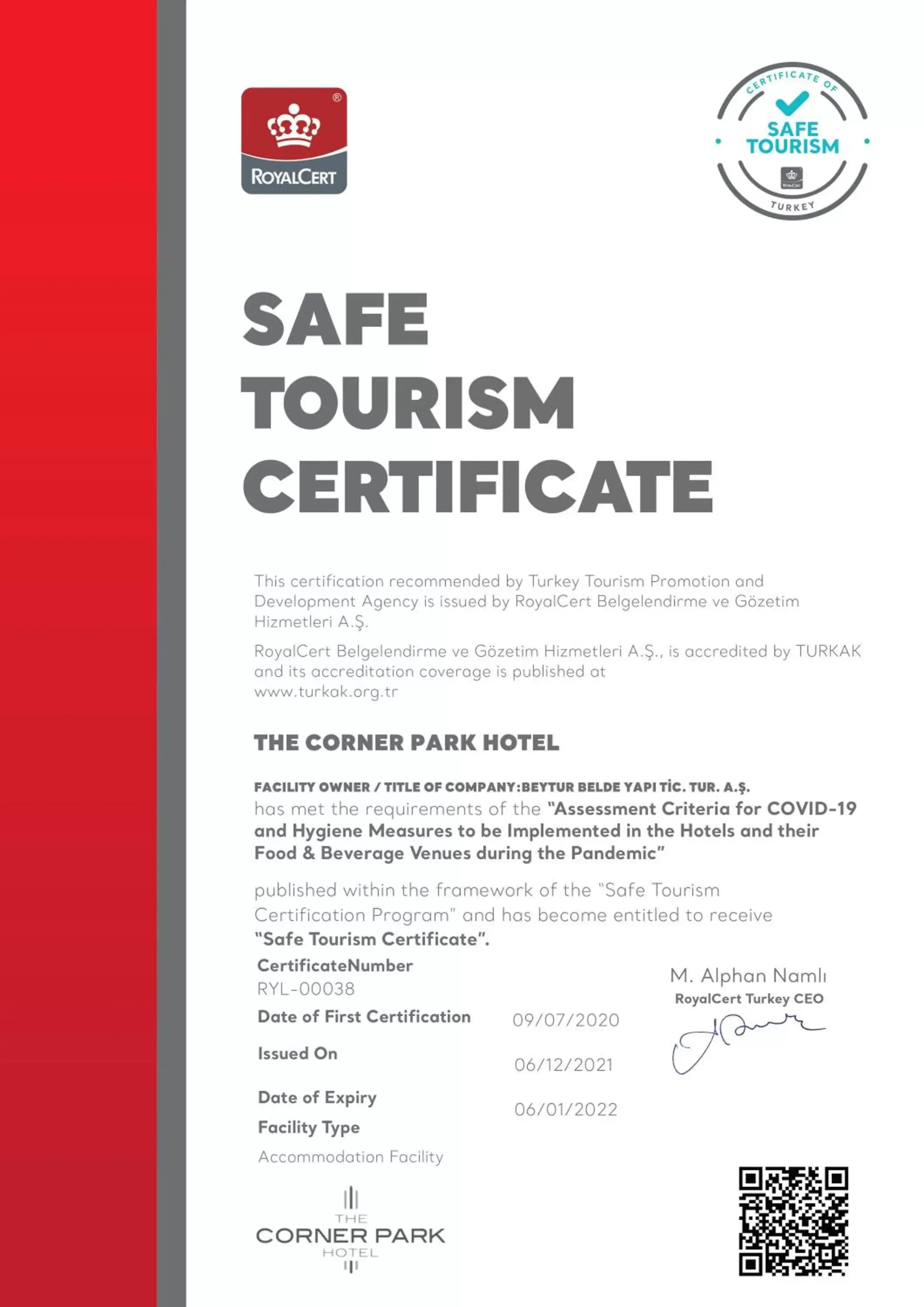 Certificate/Award in The Corner Park Hotel