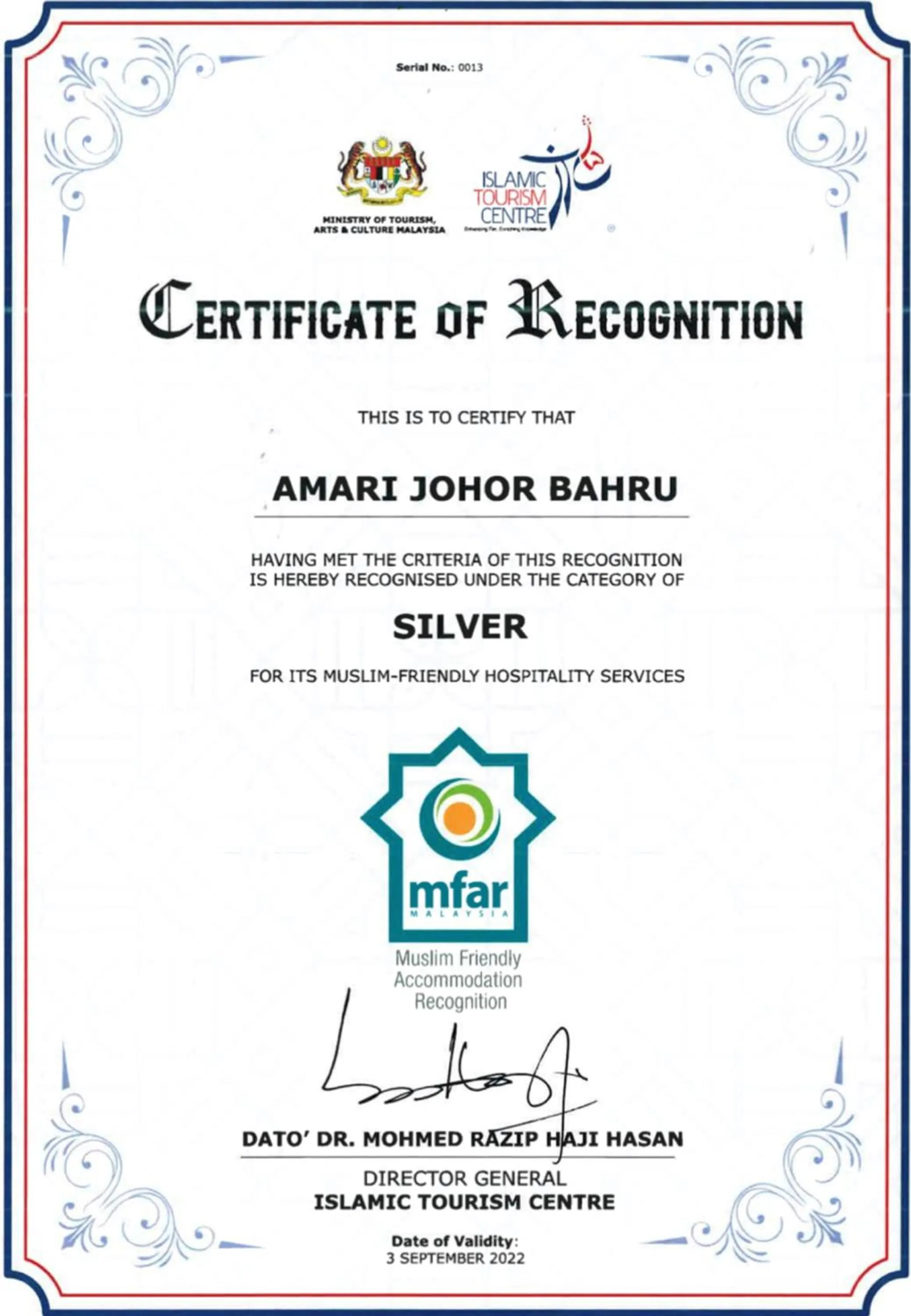 Certificate/Award in Amari Johor Bahru