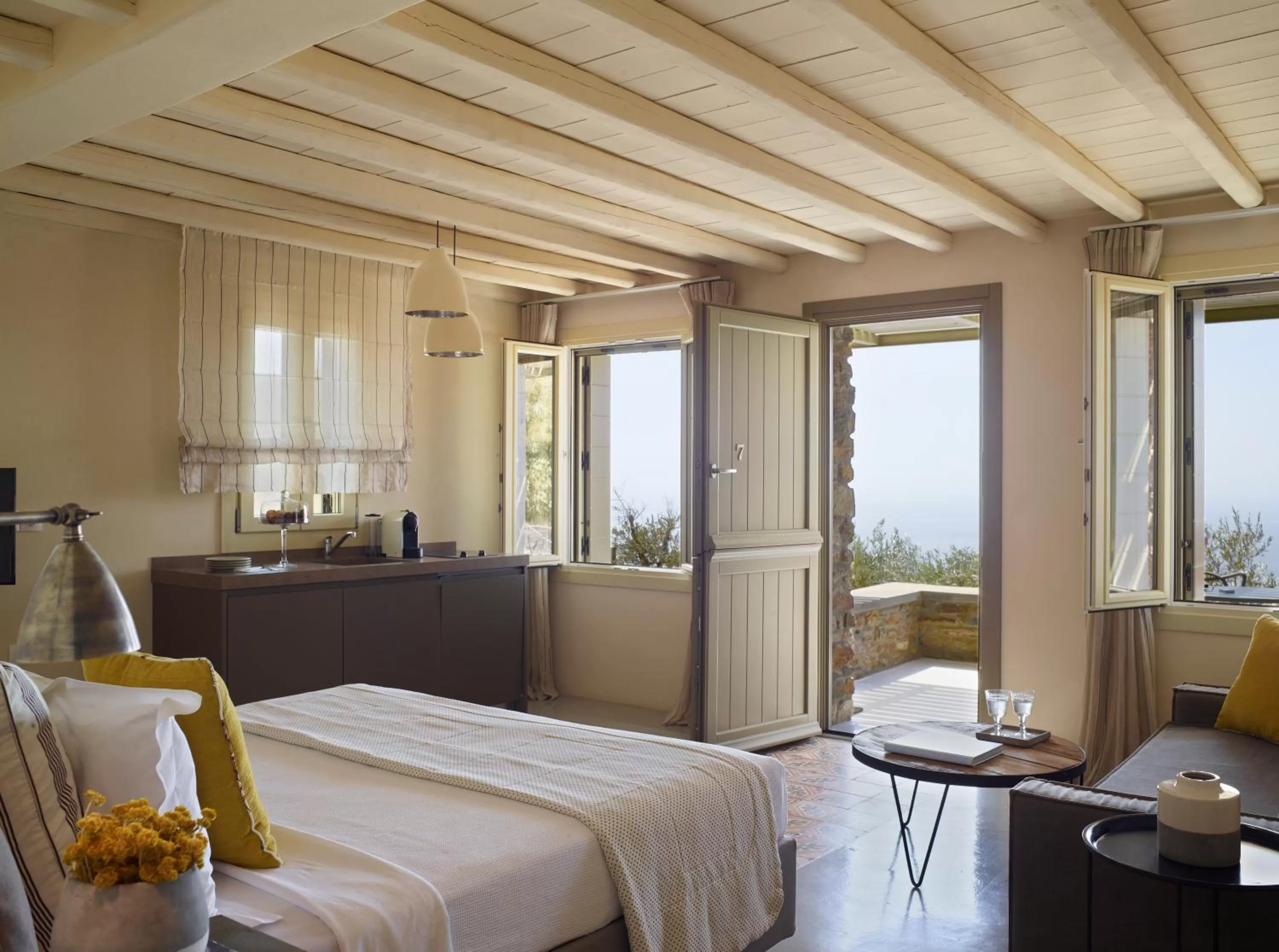 Coffee/tea facilities, Bed in Aeolis Tinos Suites
