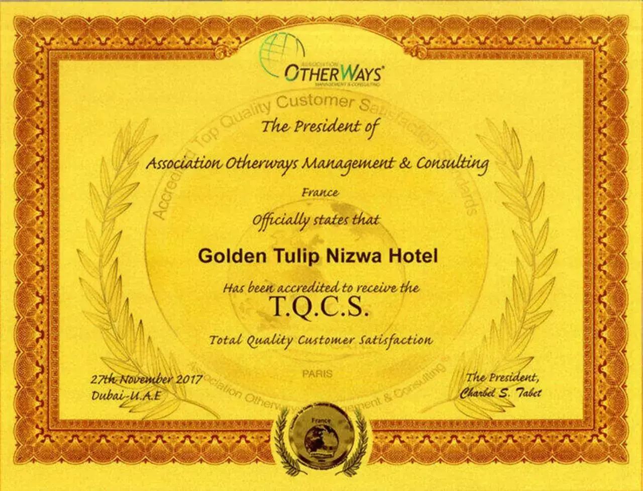 Certificate/Award in Golden Tulip Nizwa Hotel