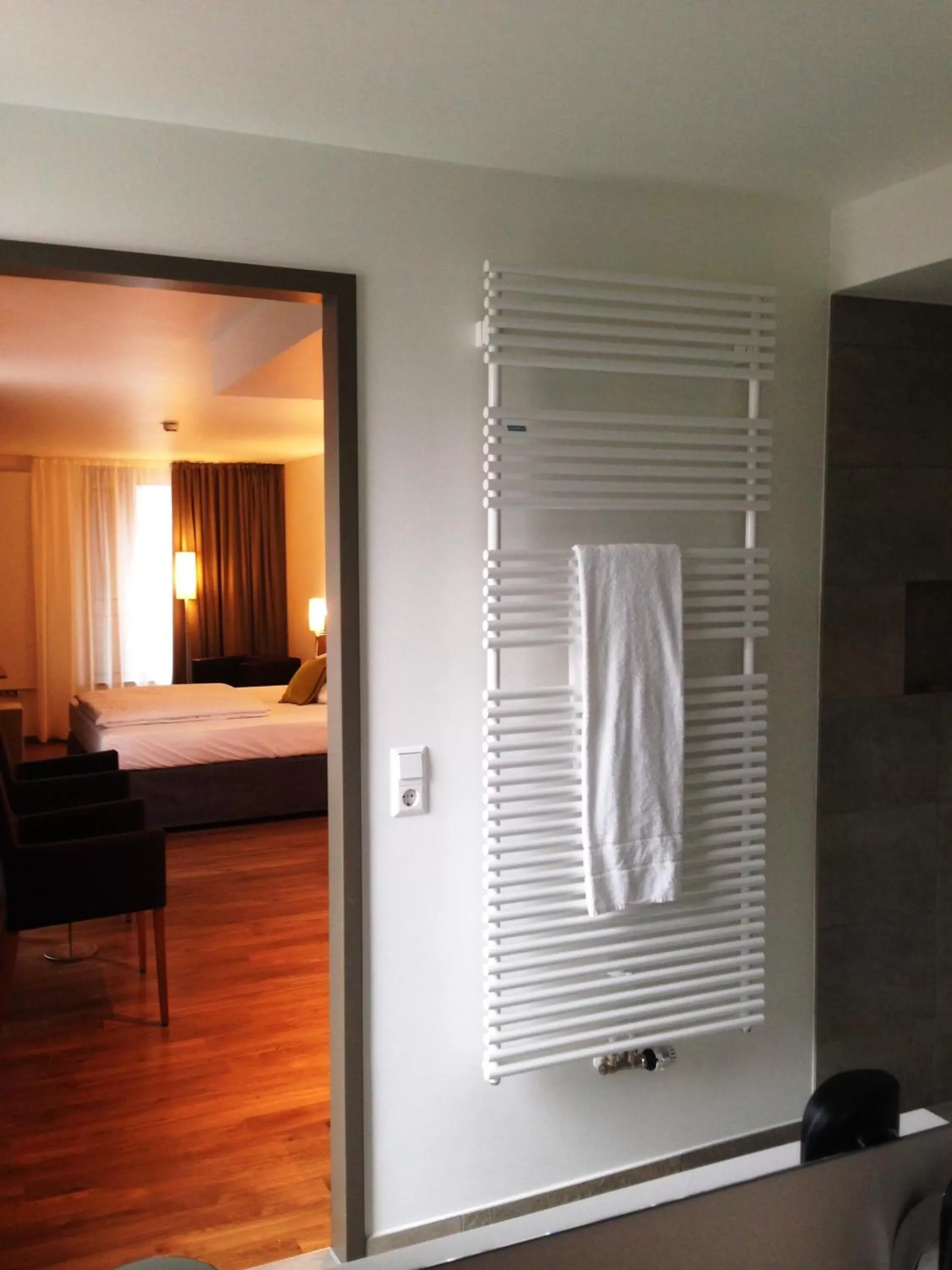 Bathroom, Bed in Hotel Goldenes Rad