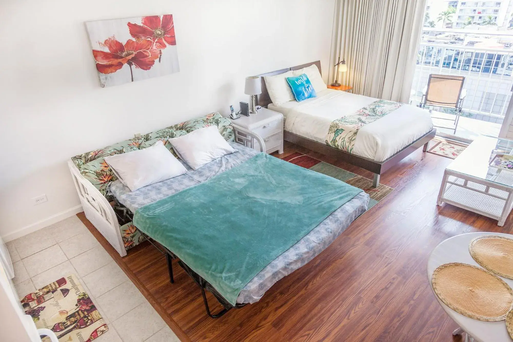 Bed in Tropical Studios at Marine Surf Waikiki - FREE PARKING - BEST LOCATION - FULL KITCHEN - SWIMMING POOL