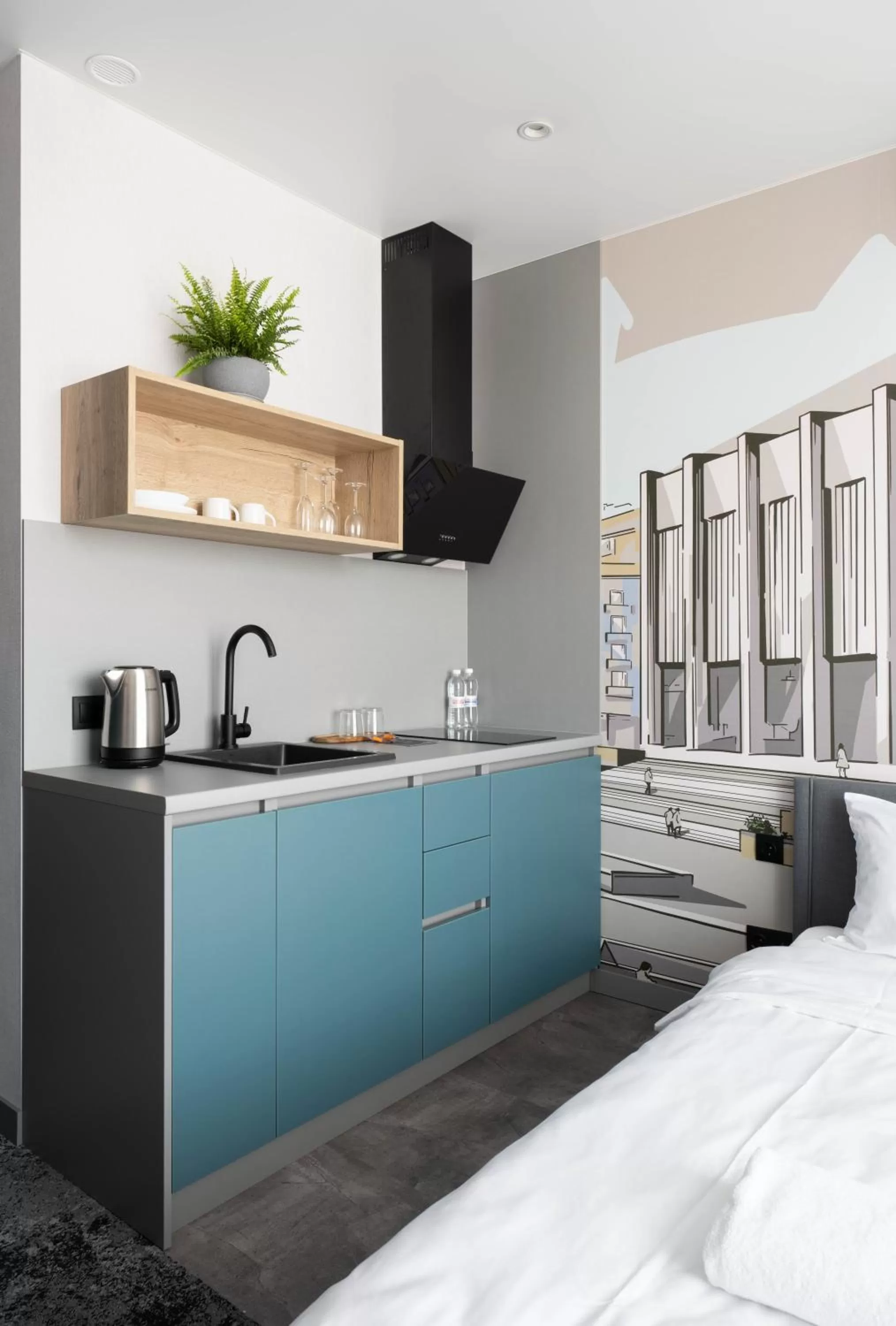 Bed, Kitchen/Kitchenette in Be The One Hotel