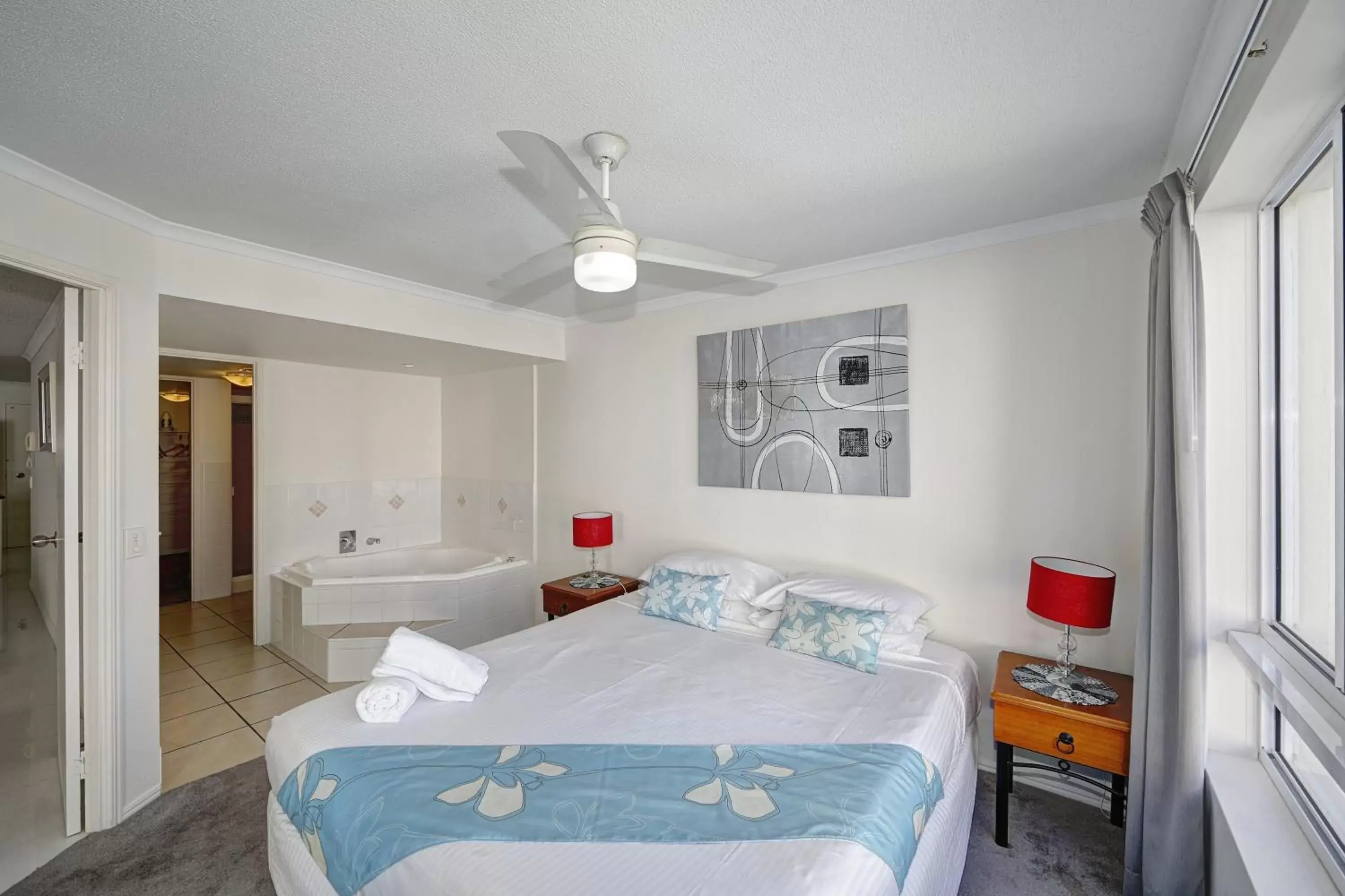 Bathroom, Bed in Bargara Blue Resort