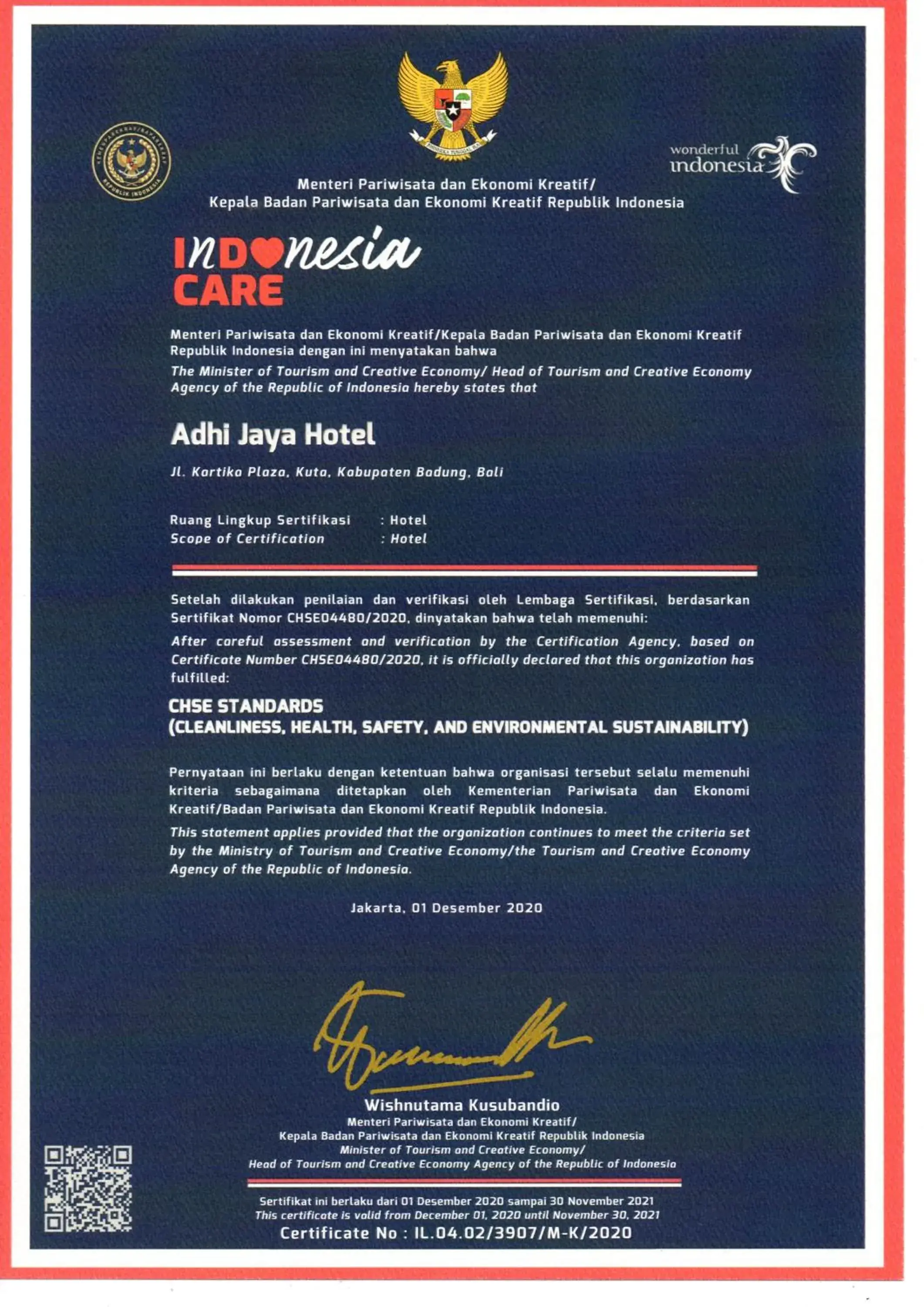 Certificate/Award in Adhi Jaya Hotel
