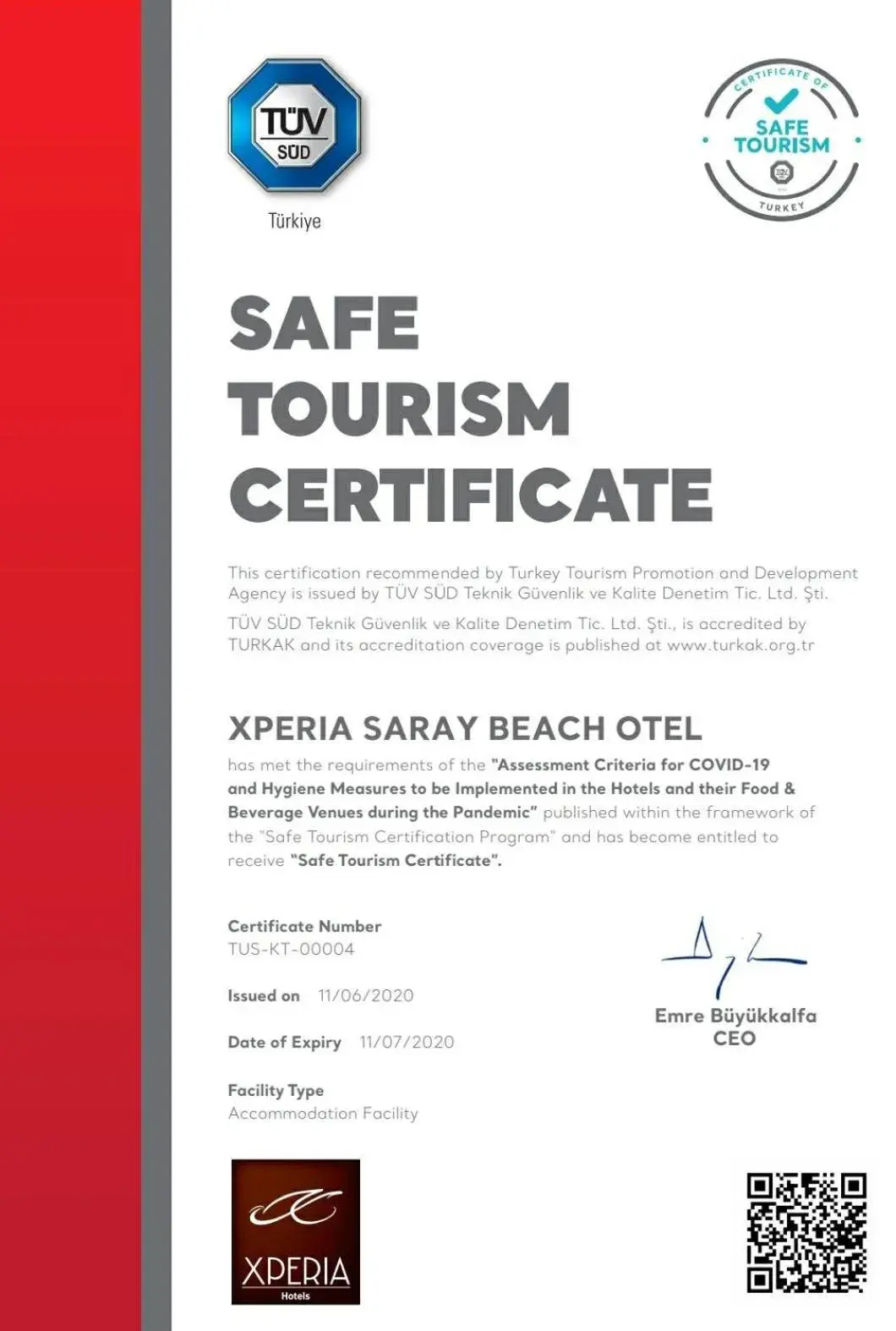Certificate/Award in Xperia Saray Beach Hotel