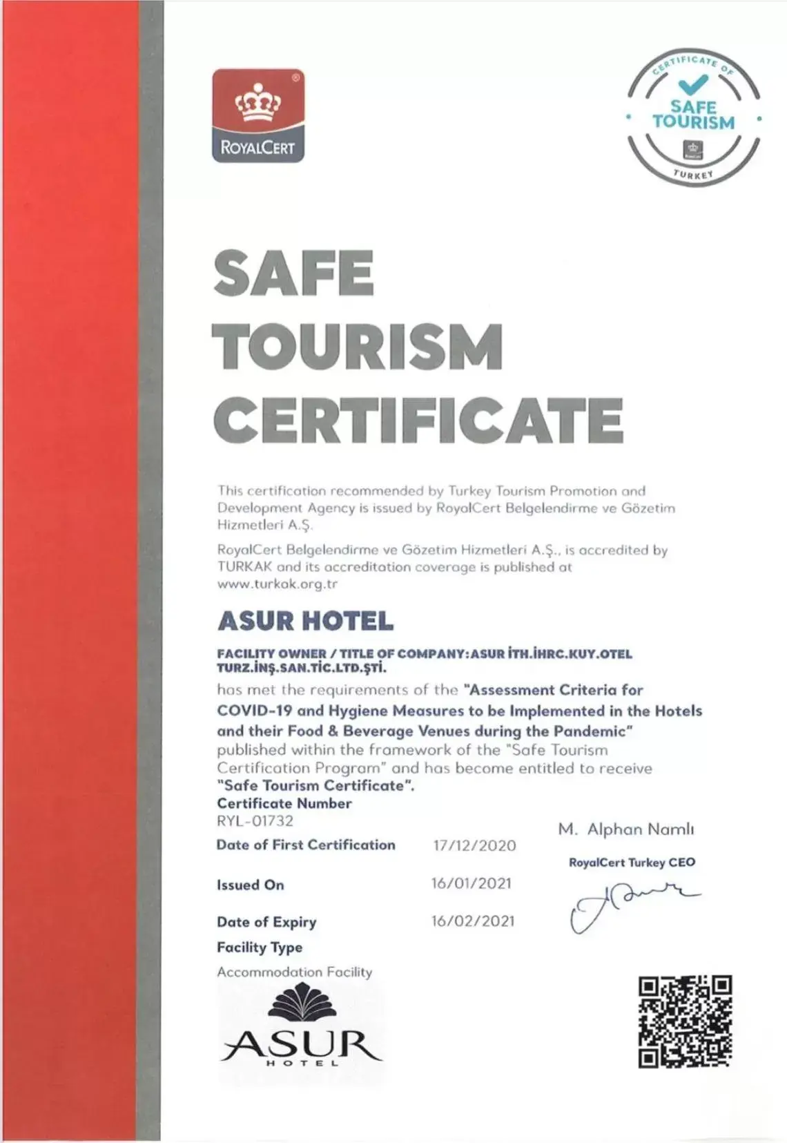 Logo/Certificate/Sign in Asur Hotel