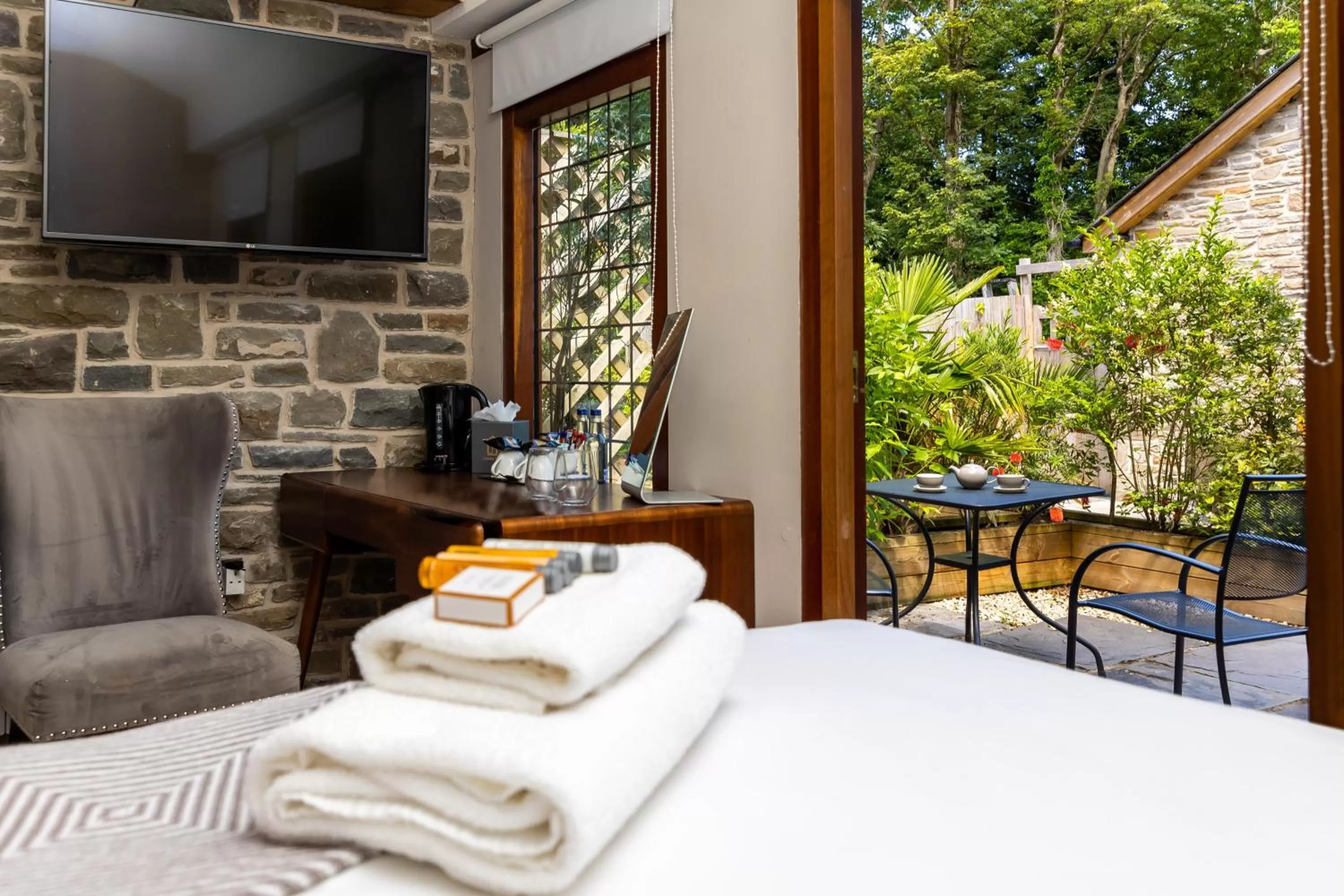 Patio, Bed in Lanelay Hall Hotel & Spa