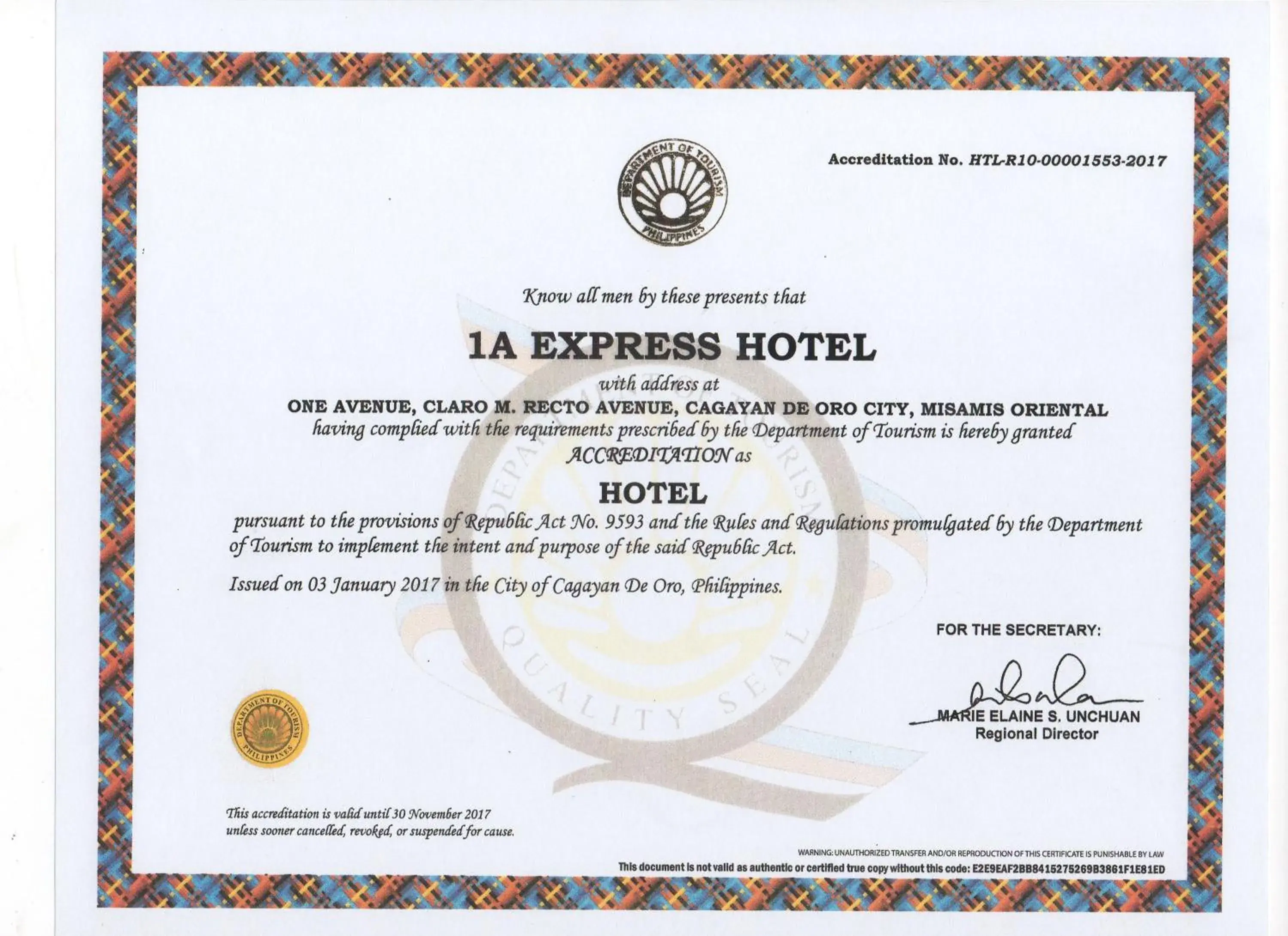 Certificate/Award in 1A Express Hotel