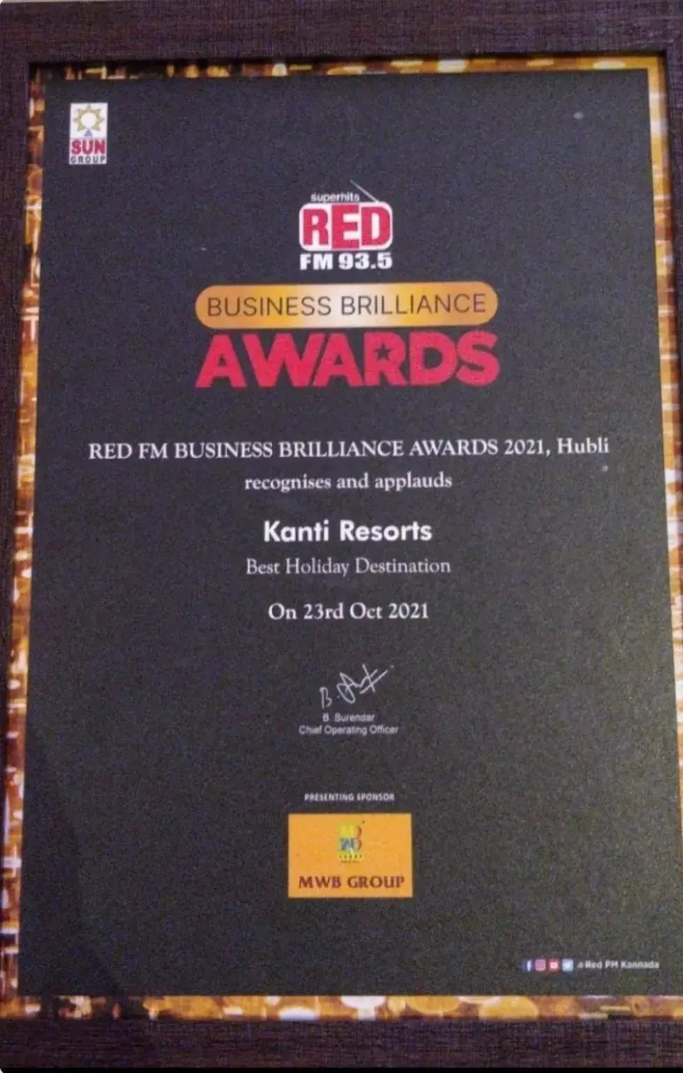 Certificate/Award in Kanthi Resorts Badami