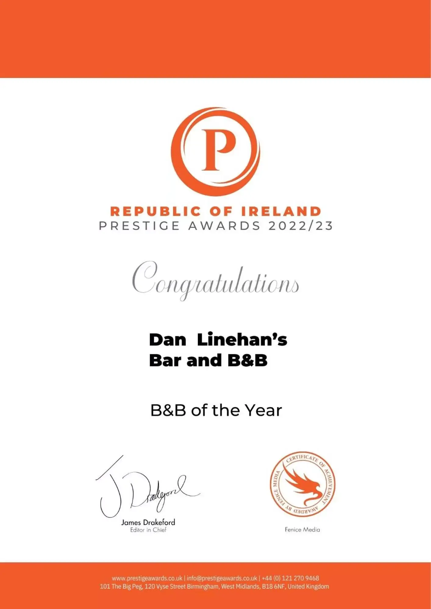 Certificate/Award in Dan Linehans Bar and B&B