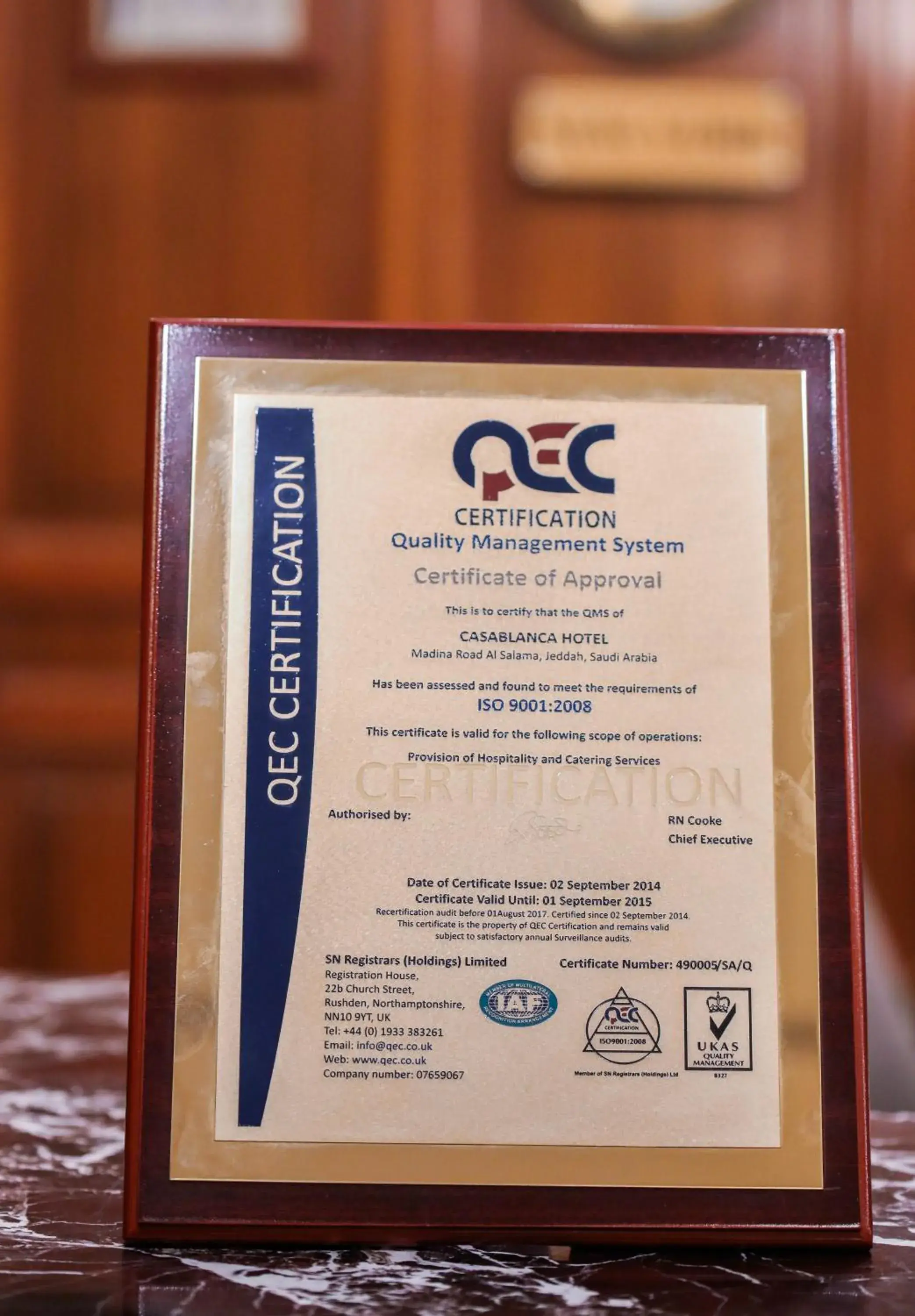 Certificate/Award in Casablanca Hotel Jeddah