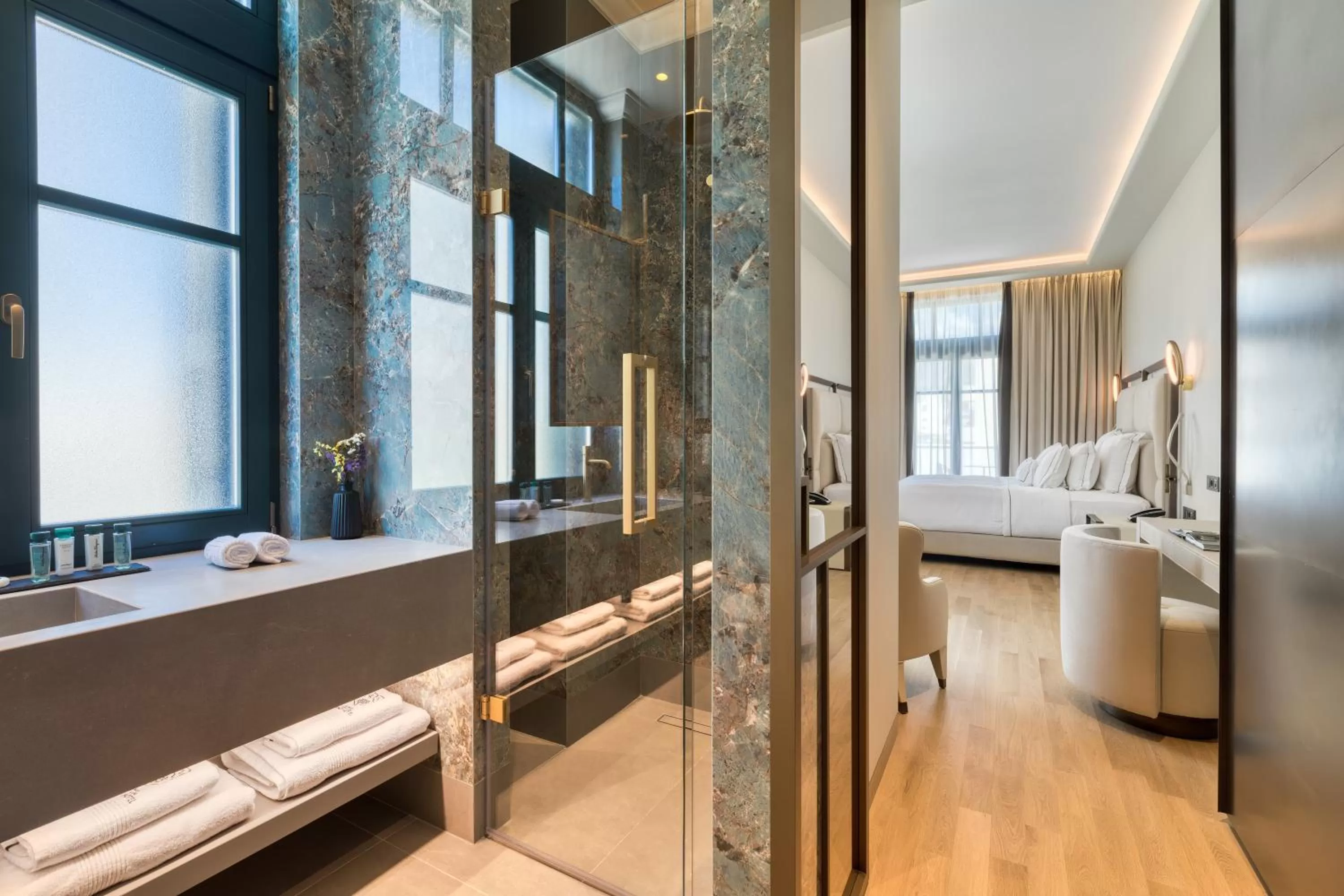 Bathroom, Bed in Grand Hotel Kalamata