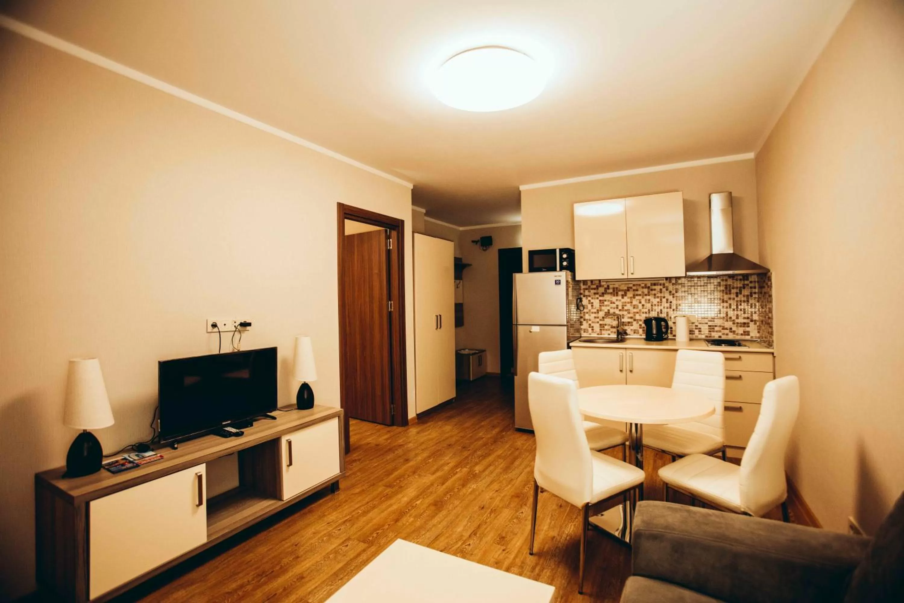 Kitchen or kitchenette, TV/Entertainment Center in Aparthotel Holiday Lux Batumi