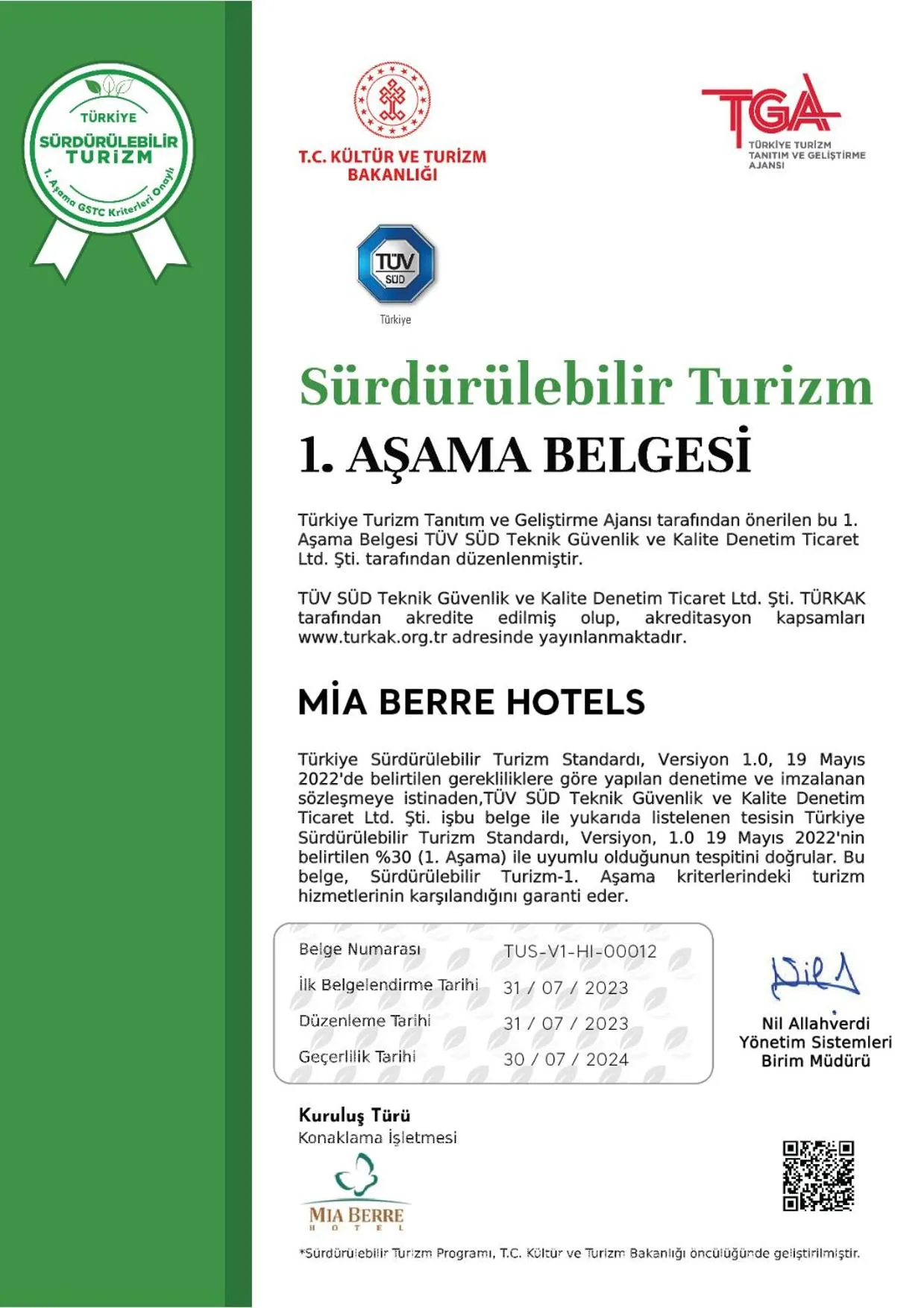 Certificate/Award in Mia Berre Hotels