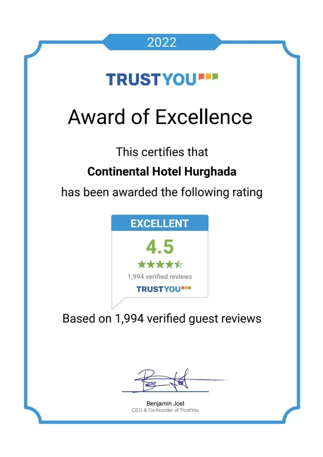 Certificate/Award in Continental Hotel Hurghada