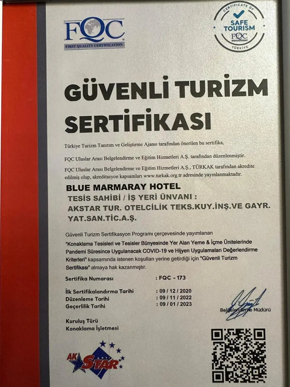 Certificate/Award in Laleli Blue Marmaray Hotel