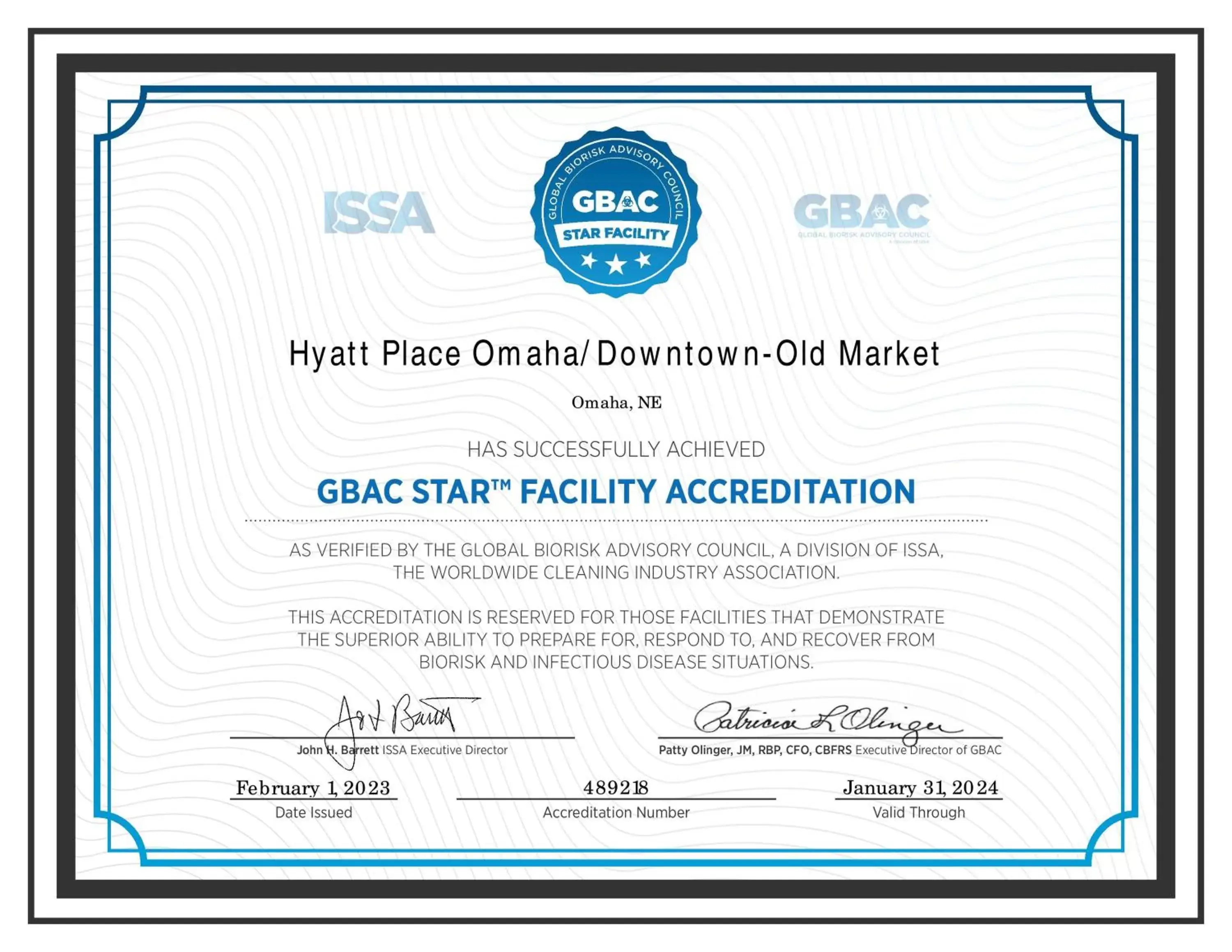 Certificate/Award in Hyatt Place Omaha/Downtown-Old Market