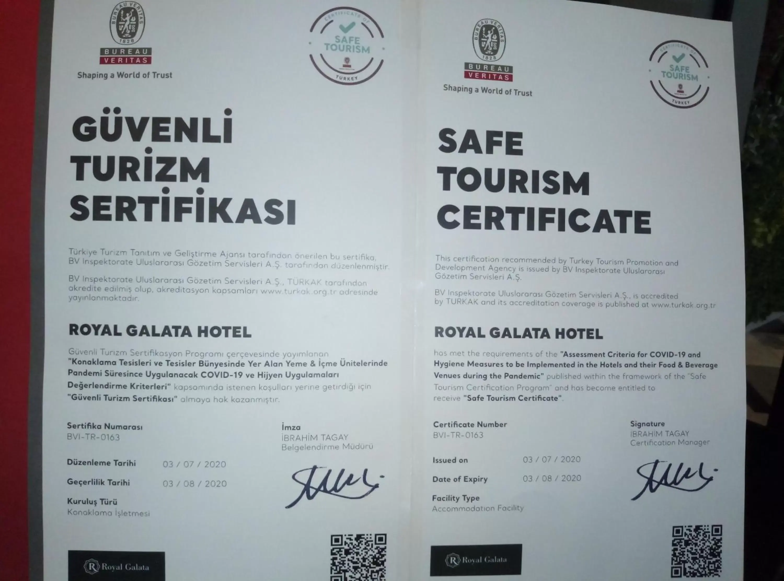 Certificate/Award in Royal Galata Hotel
