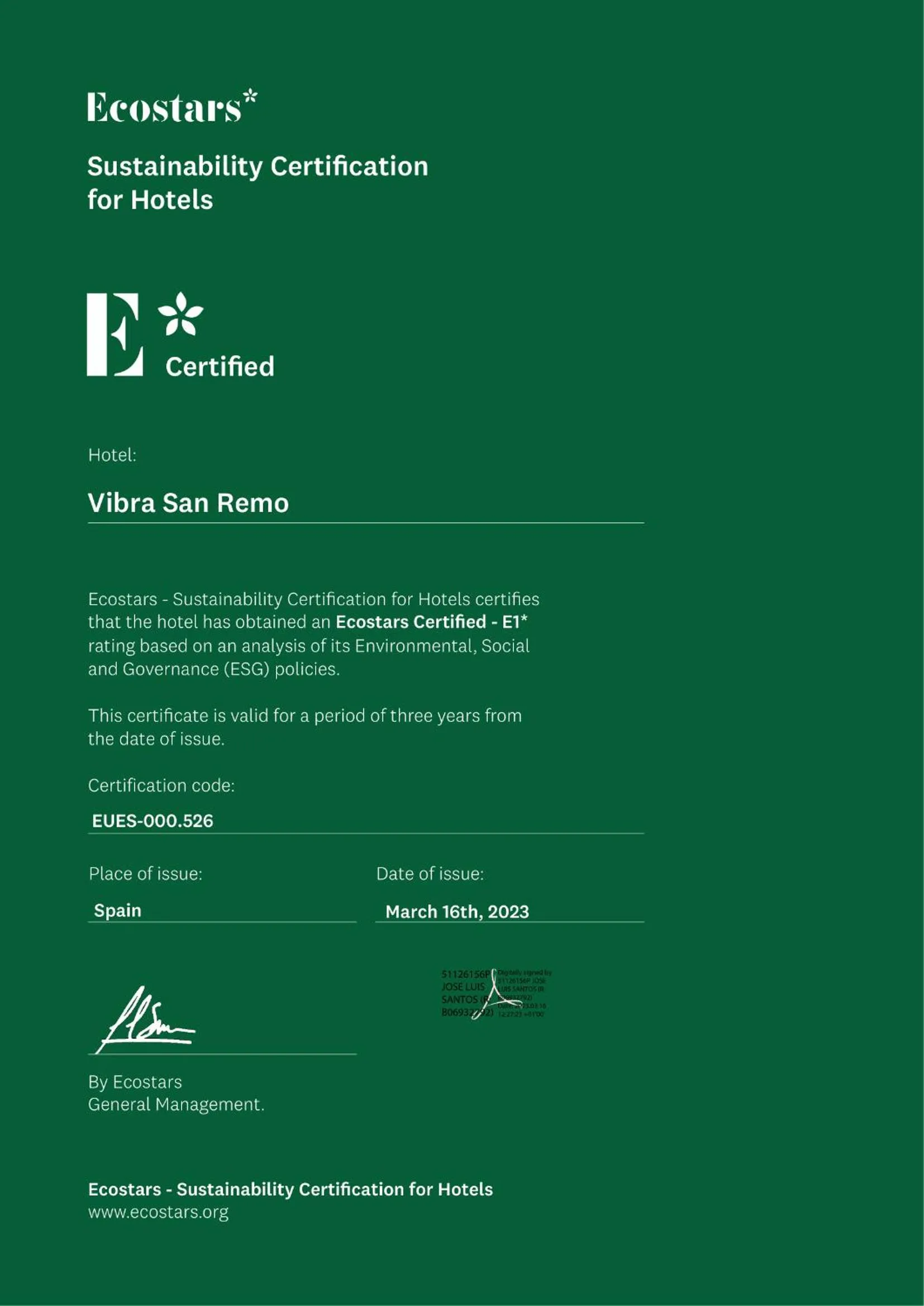 Certificate/Award in Hotel Vibra San Remo