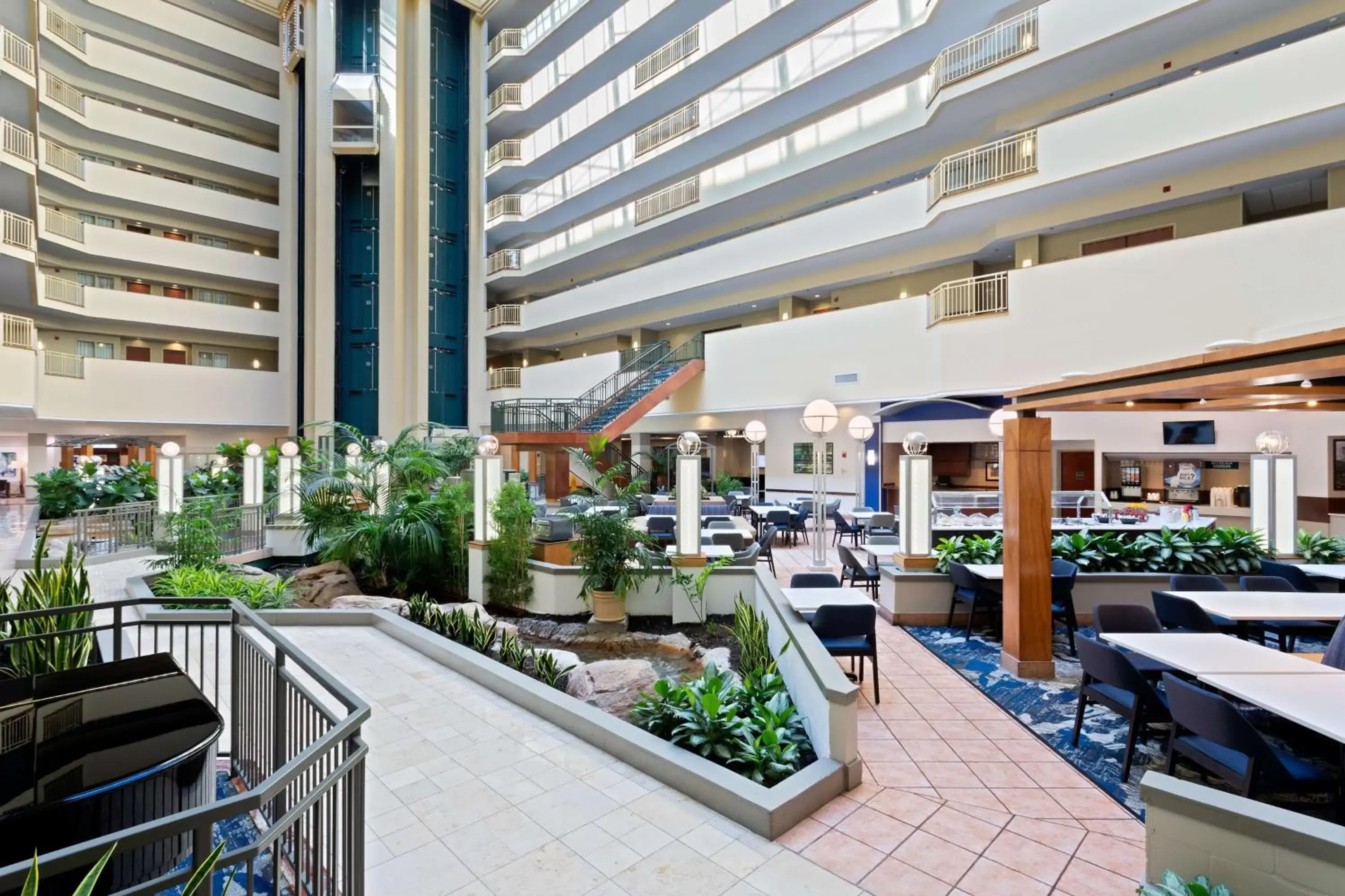 Inner courtyard view, Restaurant/Places to Eat in Embassy Suites by Hilton Tampa USF Near Busch Gardens