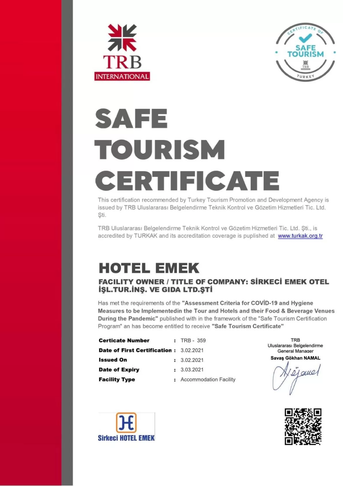 Certificate/Award in Sirkeci Emek Hotel