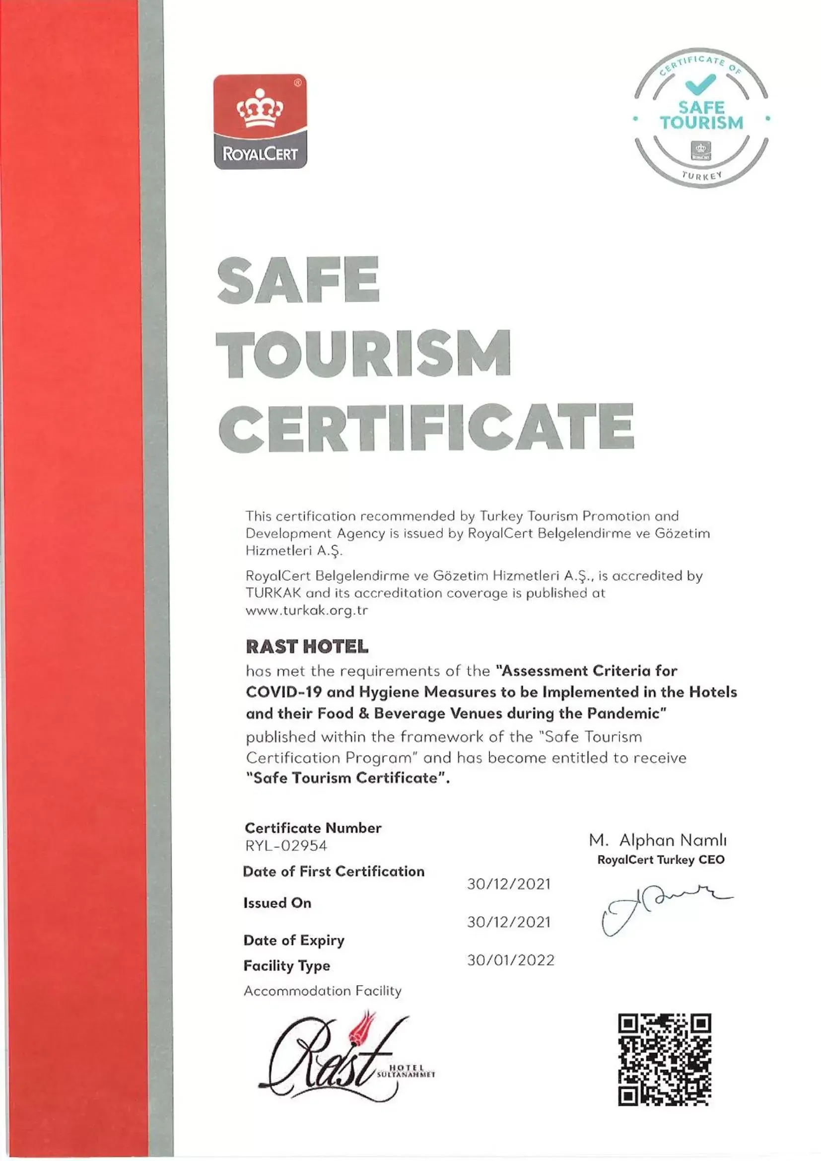 Certificate/Award in Rast Hotel Sultanahmet
