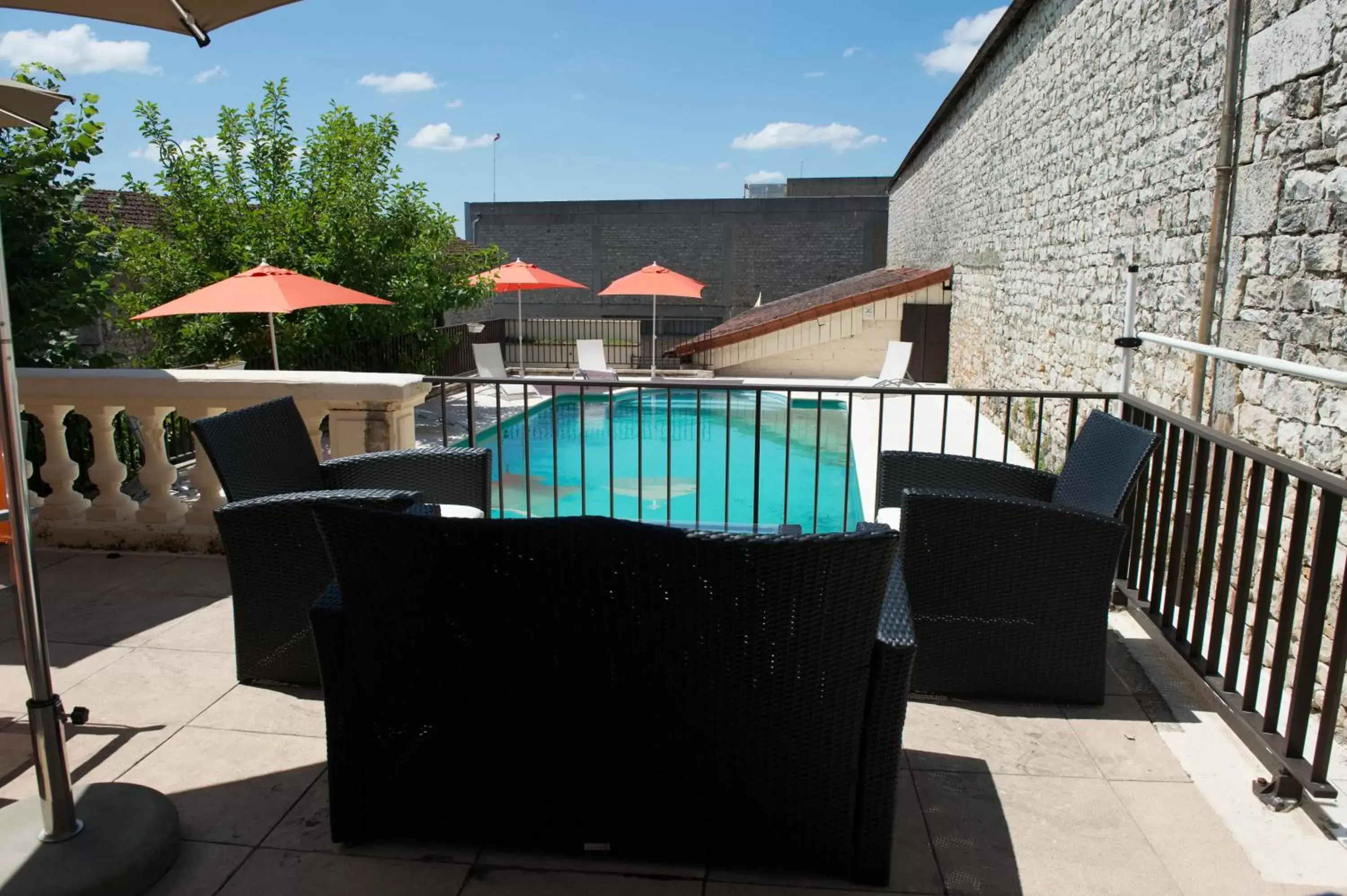 Balcony/Terrace, Pool View in Logis Hôtel Restaurant Vuillot