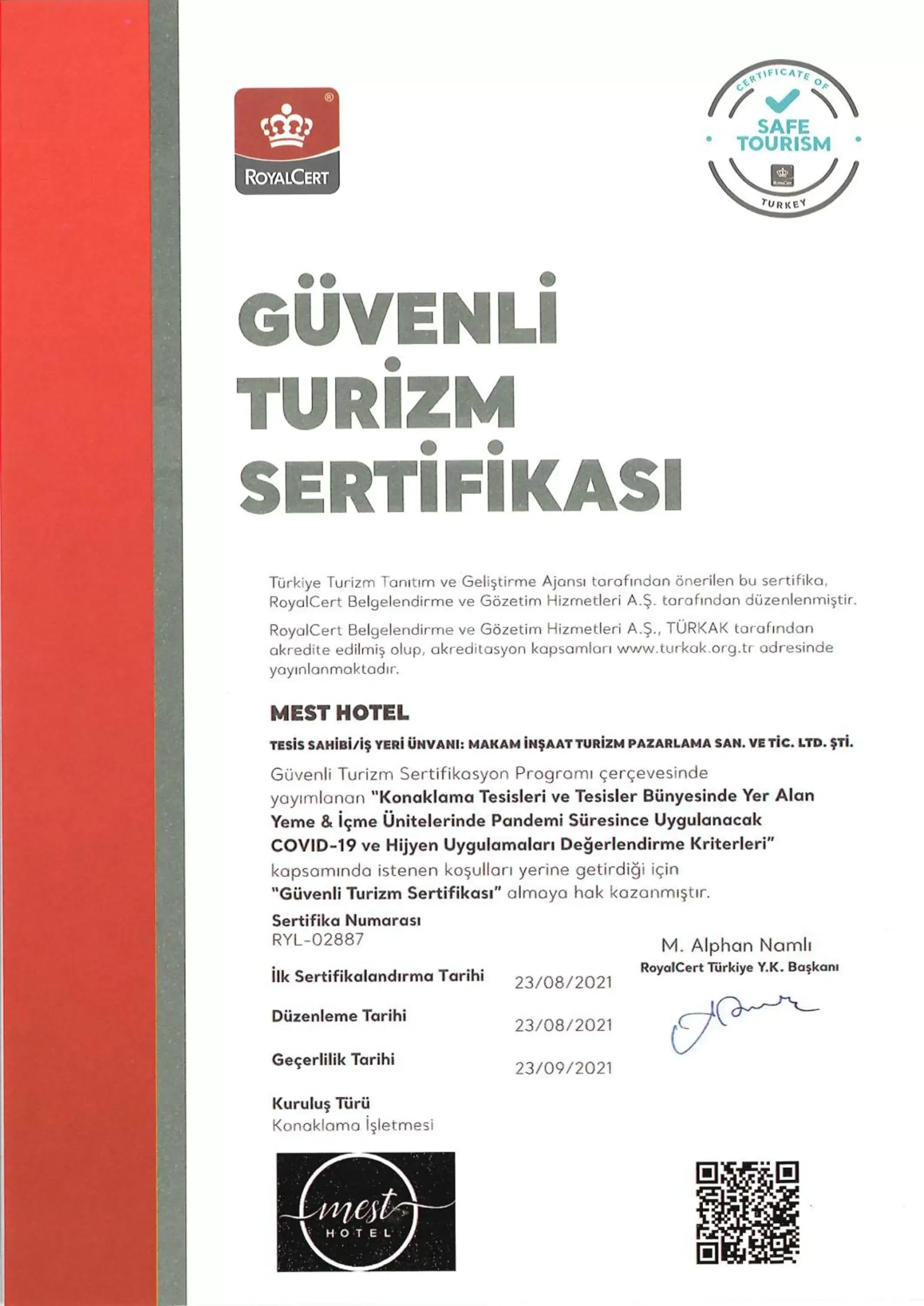 Certificate/Award in Mest Hotel Istanbul Sirkeci