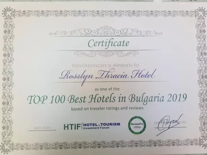 Certificate/Award in Rosslyn Thracia Hotel Sofia