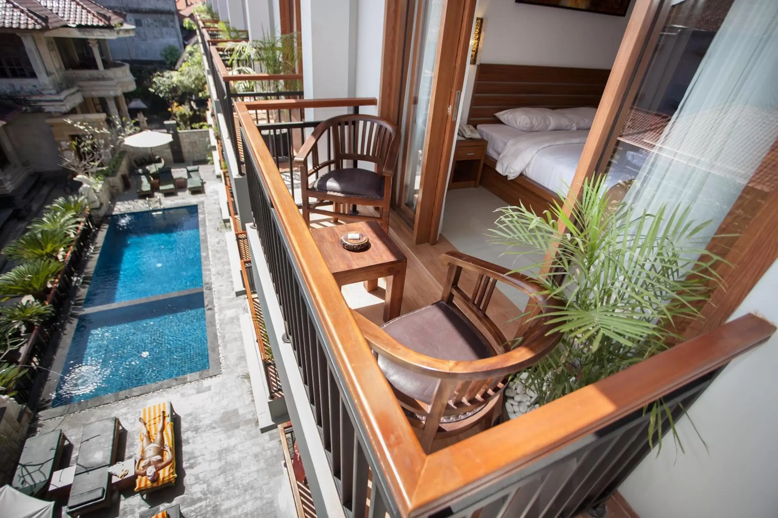 Balcony/Terrace, Pool View in Satriya Cottages