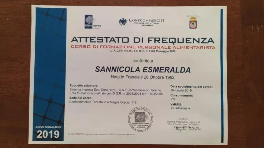 Certificate/Award in B&B Lo Smeraldo